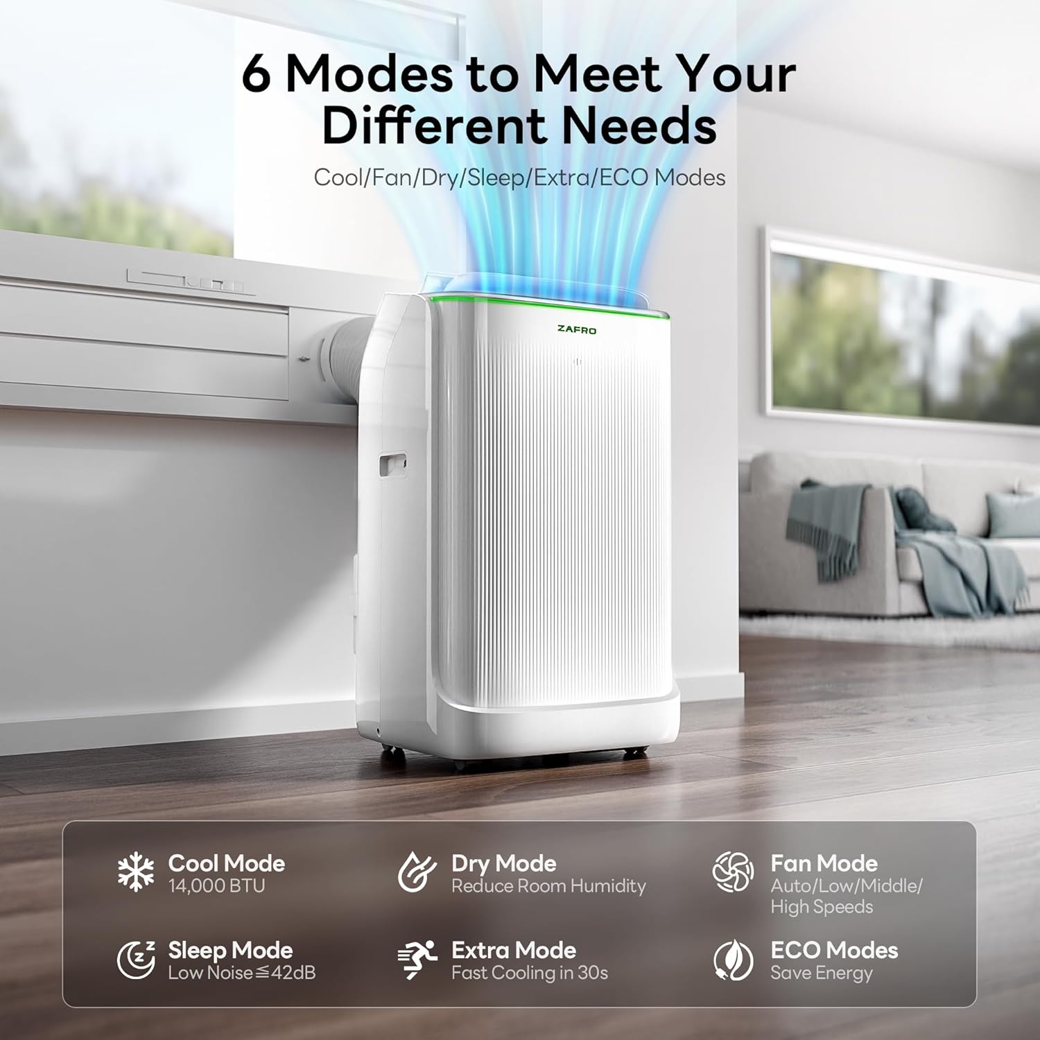 ZAFRO Inverter Tragbare Klimaanlage, 14000 BTU (10000 BTU SACC), intelligente AC-Einheit mit ultra-leiser Kühlung (42 dB)/ohne Drainage/24-Stunden-Timer/APP/Steuerung