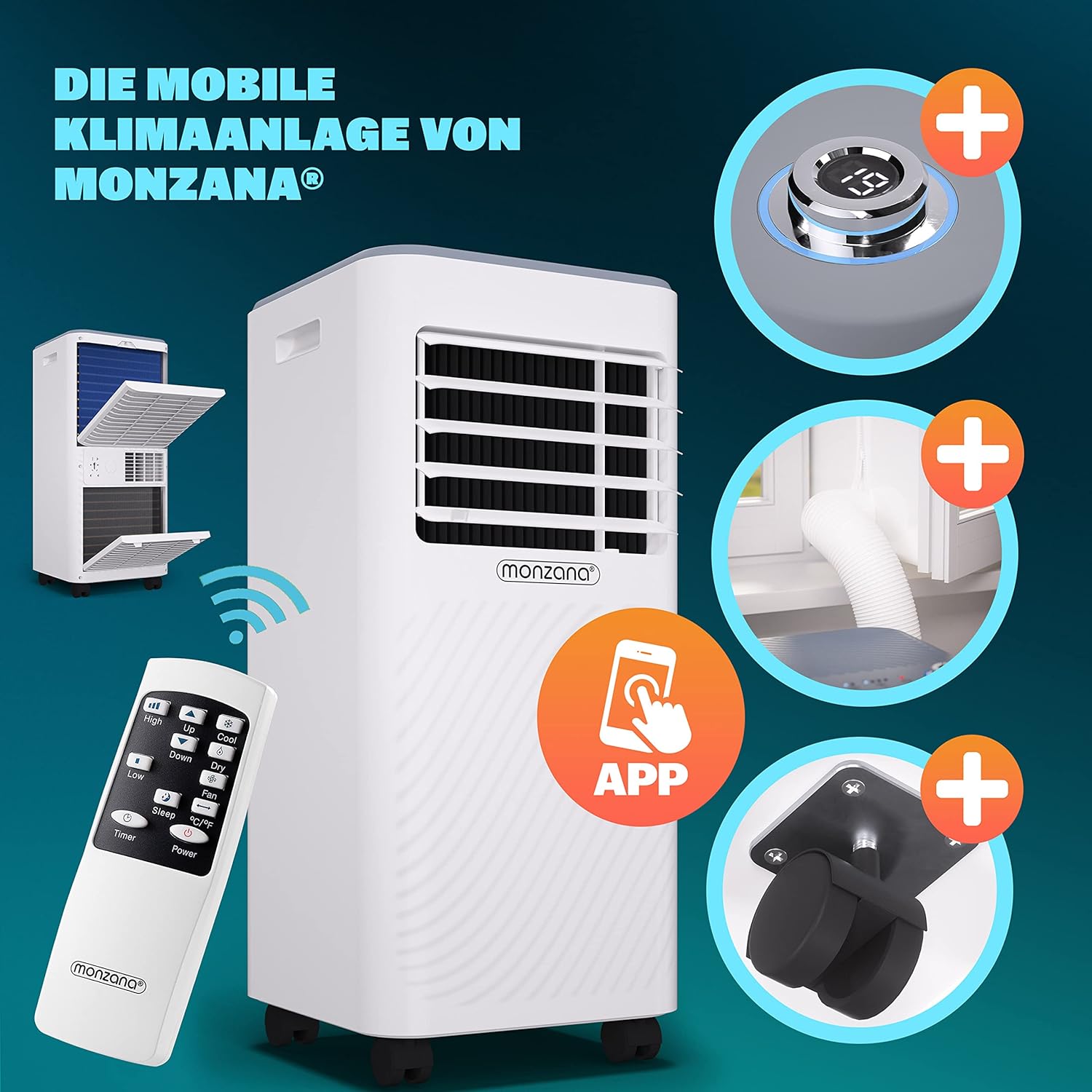 Monzana® lokale Klimaanlage MZKA2000 Mobil Abluftschlauch 7000BTU 3in1 750W 24h Timer 25qm Fernbedienung Luftentfeuchter Rollladenkit Klimagerät