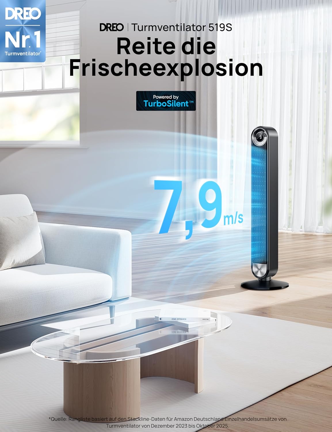 DREO 25 dB Leiser Smart Turmventilator, 106cm Höhe 4 Modi 9-Geschwindigkeit Max 7,9m/s 12H Timer 90° Oszillierender Ventilator mit Fernbedienung Sprachsteuerung Kühlung, Cruiser Pro T2S, Schwarz