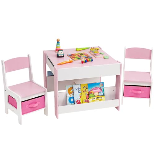 Yorbay Tavolo per Bambini con 2 Sedie, Set di Mobili per Bambini in Legno con Vano Portaoggetti e Scaffalature, 3 in 1, Tavolo da Attività e Tavolo da Tavolo, Cameretta dei Bambini,Sala Giochi : Casa e cucina