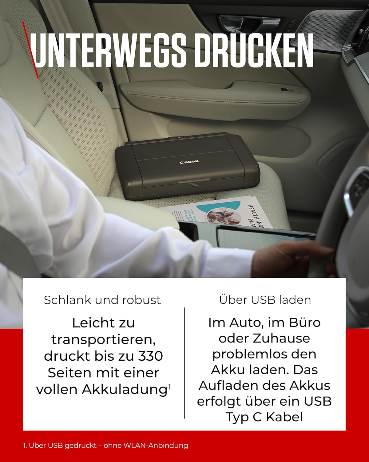 Canon PIXMA TR150 mobiler Drucker mit Akku (WLAN, Cloud, AirPrint, 4.800 DPI x 1.200 DPI, Highspeed USB Typ C, OLED-Display, Tintenstrahldrucker), schwarz