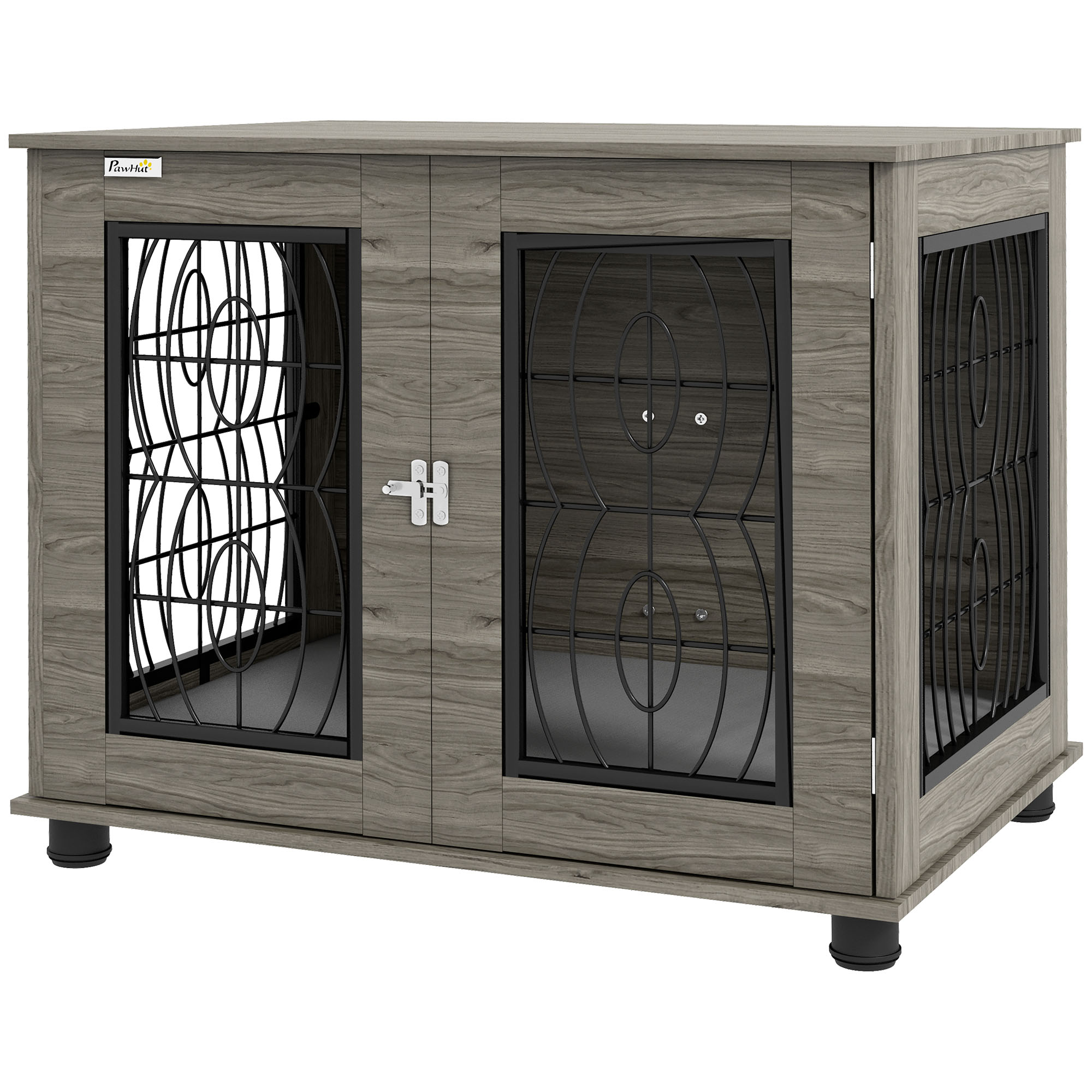 Hondenkooi met Ligkussen, tot 20kg/50cm Lichaamslengte, Metaal, 80x56x63cm, Grijs/Houtdecor