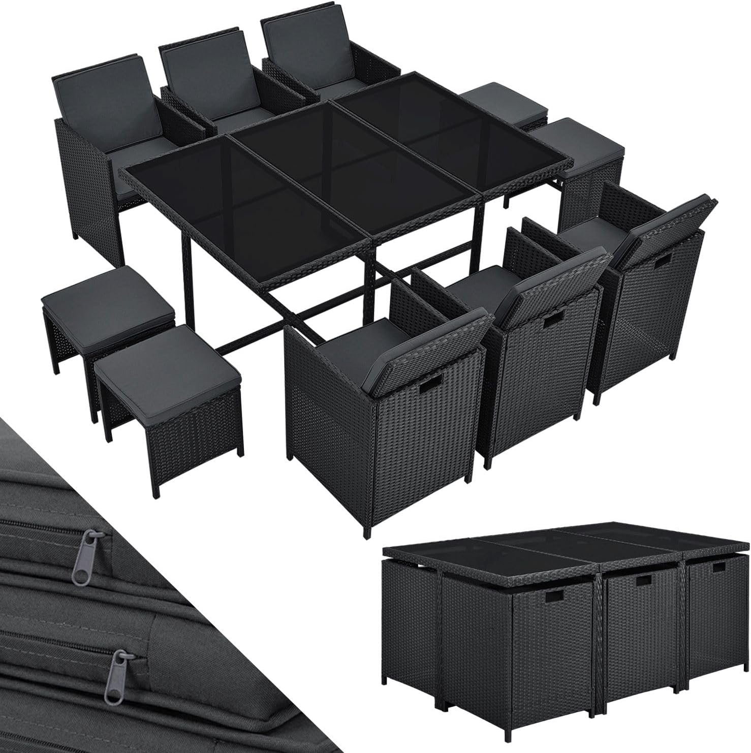 Juskys Polyrattan Sitzgruppe Baracoa XL 11-teilig wetterfest & stapelbar - 6 Stühle, 4 Hocker, Tisch mit Glasplatte & Kissen - 10 Personen - Gartenmöbel Set für Garten & Terrasse
