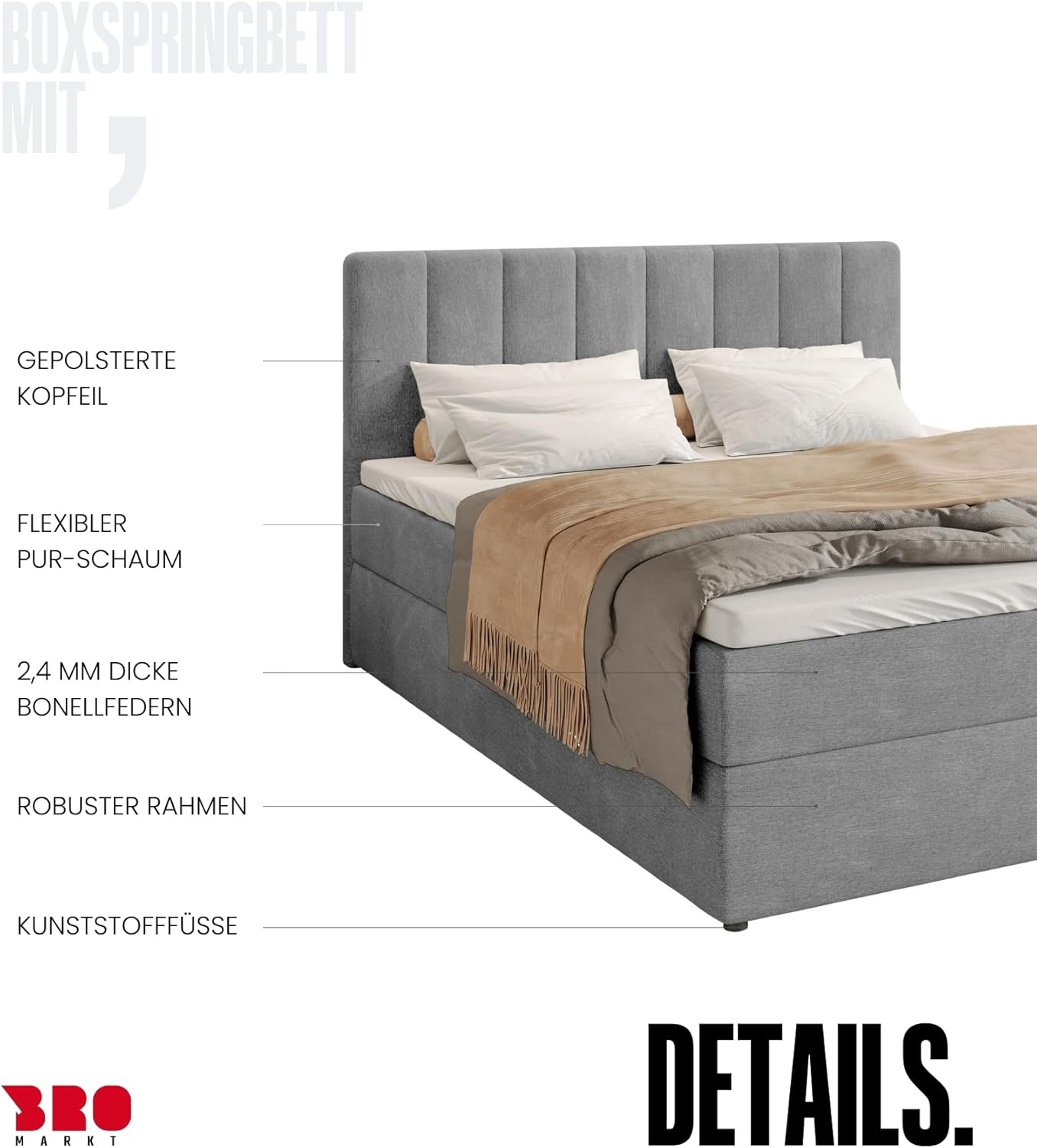 BROMARKT Boxspringbett mit Bonell Matratze Härtegrad H3 140x200cm Polsterbett mit Bettkasten Doppelbett mit Topper gepolsterte Kopfstütze Bett für Schlafzimmer Denver Hellgrau