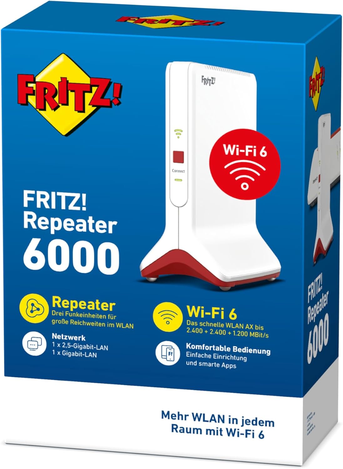 FRITZ!Repeater 6000 (WiFi 6 Repeater mit drei Funkeinheiten: 5 GHz (2 x bis zu 2.400 MBit/s), 2,4 GHz (bis zu 1.200 MBit/s), 2,5-Gigabit-LAN, deutschsprachige Version)
