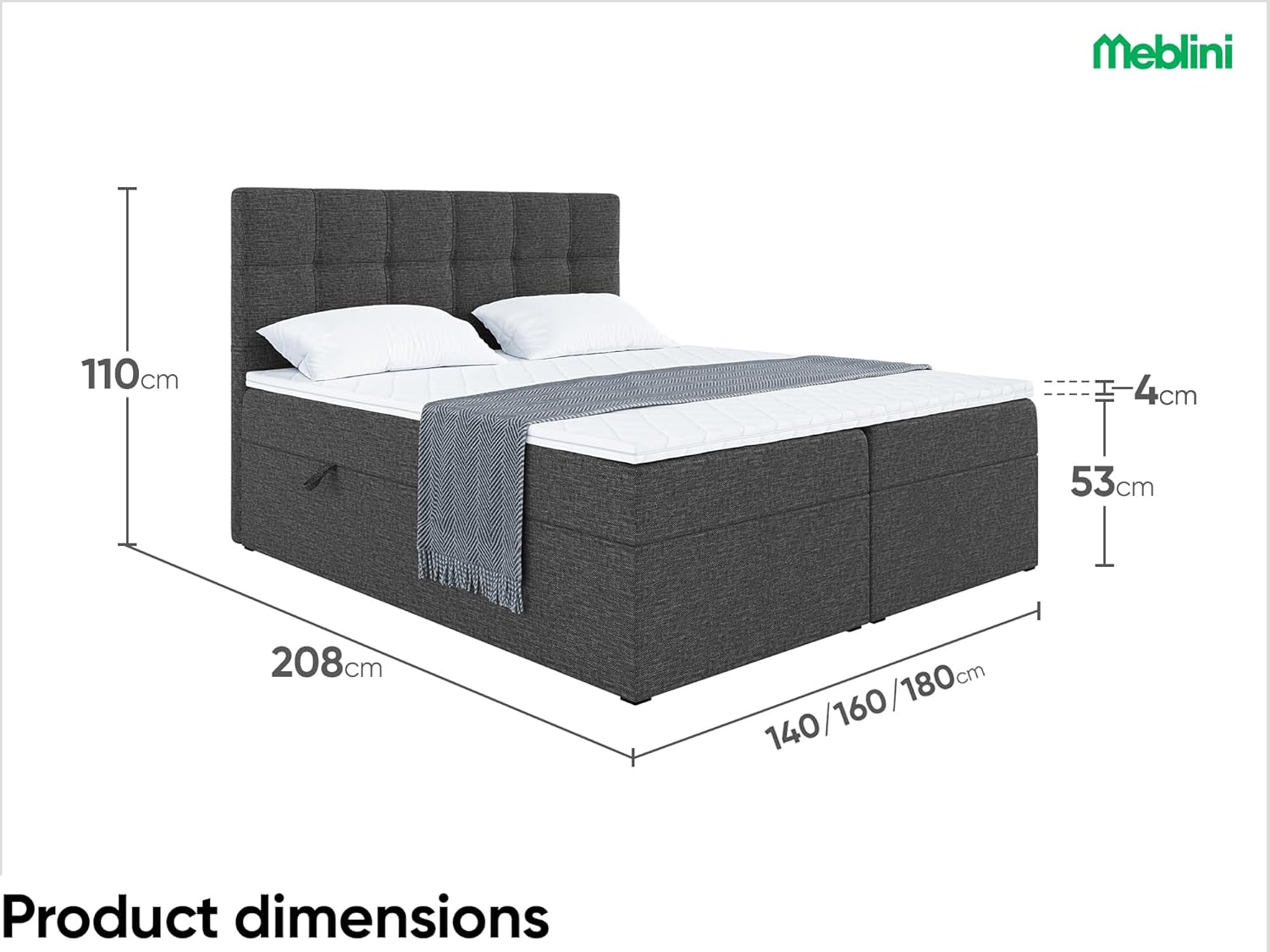 MEBLINI Boxspringbett mit Bettkasten - Gepolstert Doppelbett mit Matratze und Topper - Polsterbett mit Stauraum - Bett mit Kopfteil - Stauraumbett - NILS - 140x200 - H3/Dunkelgrau Webstoff