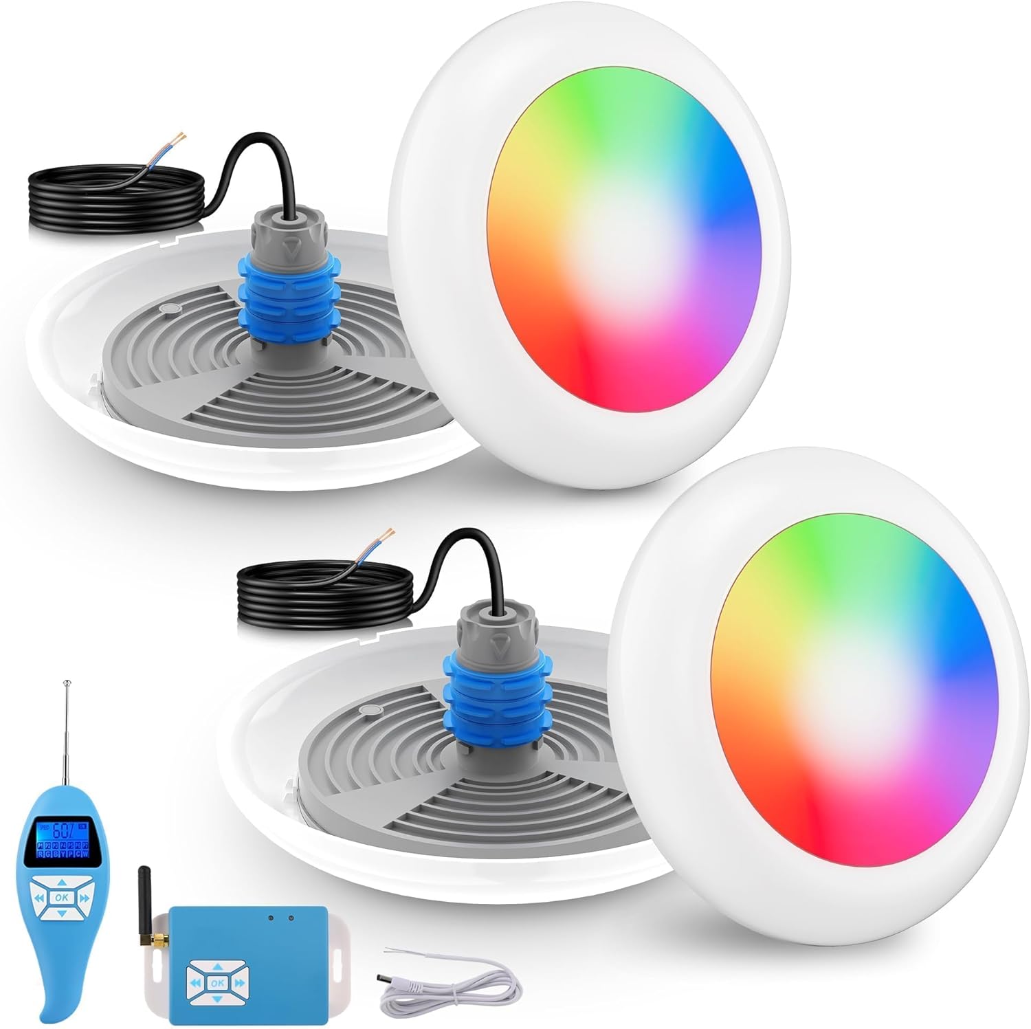 LyLmLe LED Poolbeleuchtung mit 1-1/2 zoll Außengewinde, 25W RGB Poollampe Synchronsteuerung mit Controller Fernbedienung, Ø242mm, 12V AC Unterwasserscheinwerfer für Beton/Styroporpools, 2er-Set