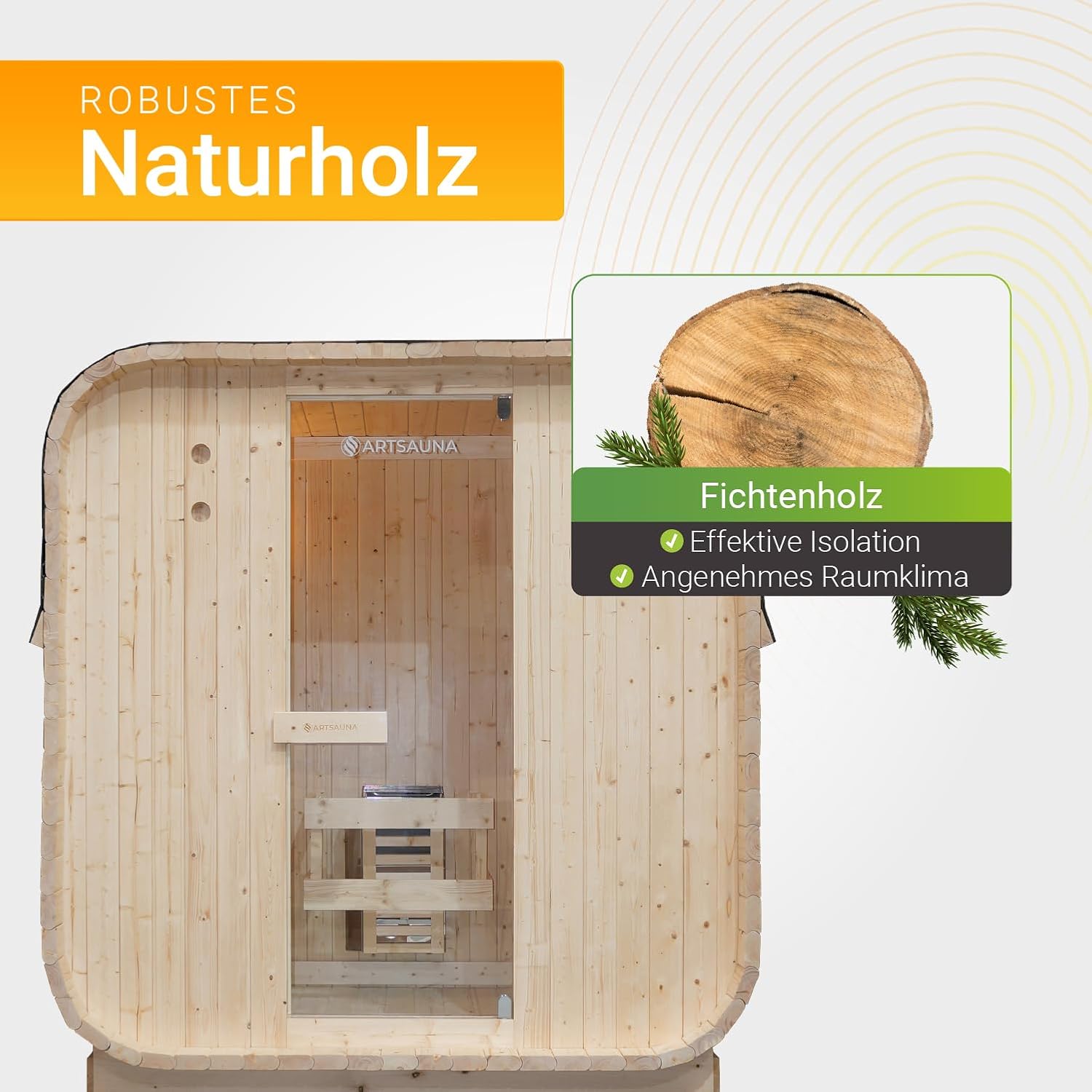 Artsauna Fasssauna Nolvik M, Outdoor-Sauna aus Fichtenholz, 3,6 kW Ofen, LED, Komplettset mit Sanduhr, Eimer & Thermometer, Winterfest, Cube Design
