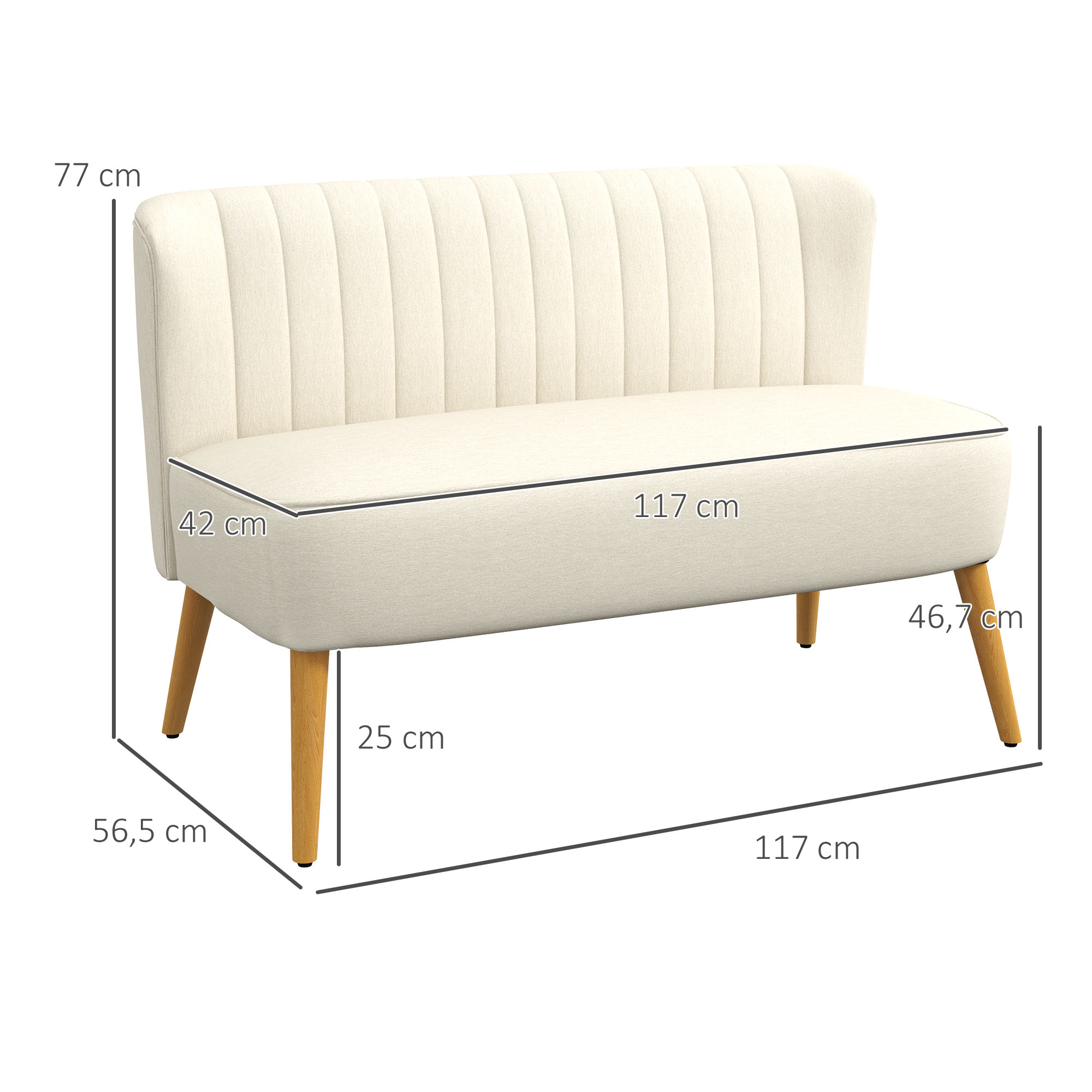 Sofa Retrodesign 2-zitsbank, houten poten, 117 cm x 56,5 cm x 77 cm, Wit