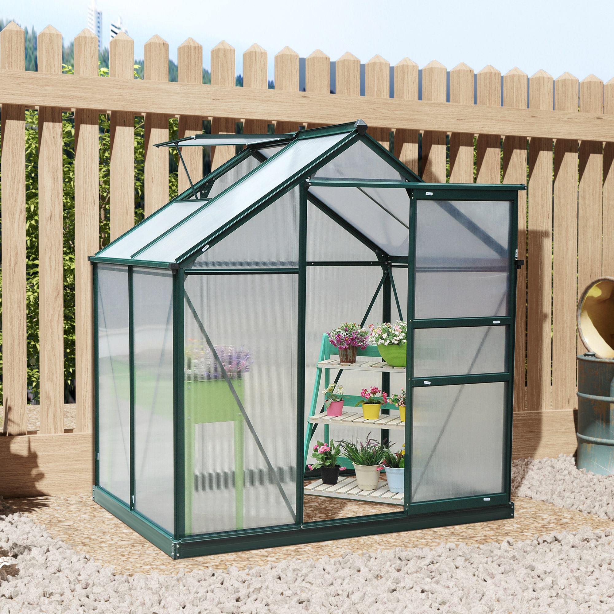 Outsunny kas aluminium kas met dakraam deur 190 x 132 x 201 cm plantenhuis met fundering inloop tomatenhuis weerbestendig polycarbonaat groen + transparant