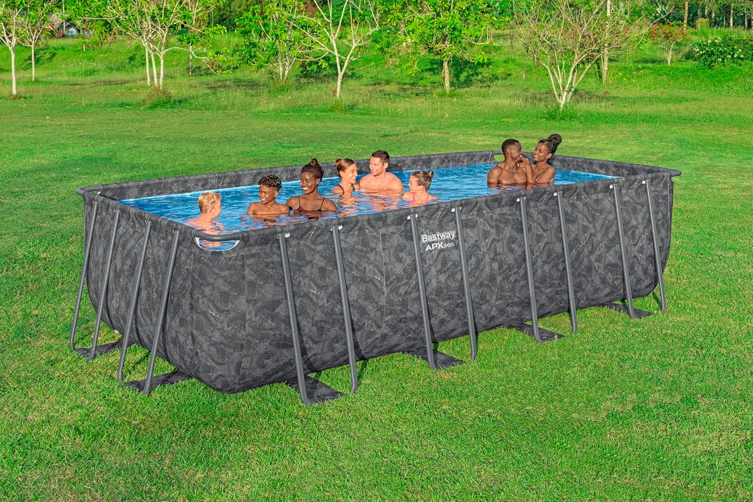 Bestway APX365 Winterfestes Frame Pool Set, Sandfilteranlage, 549 x 274 x 132 cm, 16.477 L, Stahlrahmen, Polar-Shield, Dunkle Marmor-Optik, Sicherheitsleiter, Abdeckplane, Werkzeugloser Aufbau, DEKRA