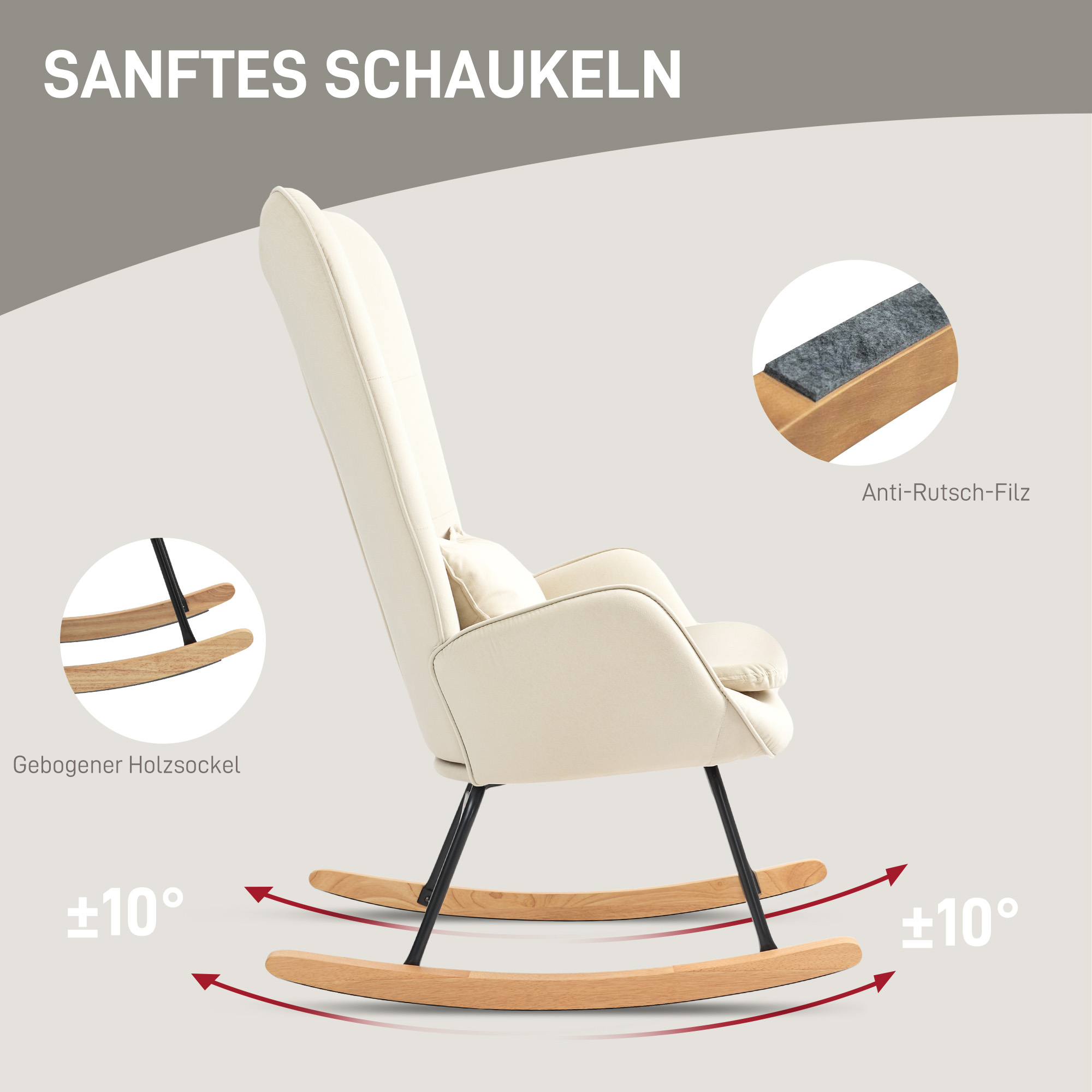 Schommelstoel in Samt-uitstraling met Lendenkussen, tot 120 kg, 67 x 85 x 112 cm, Crèmewit