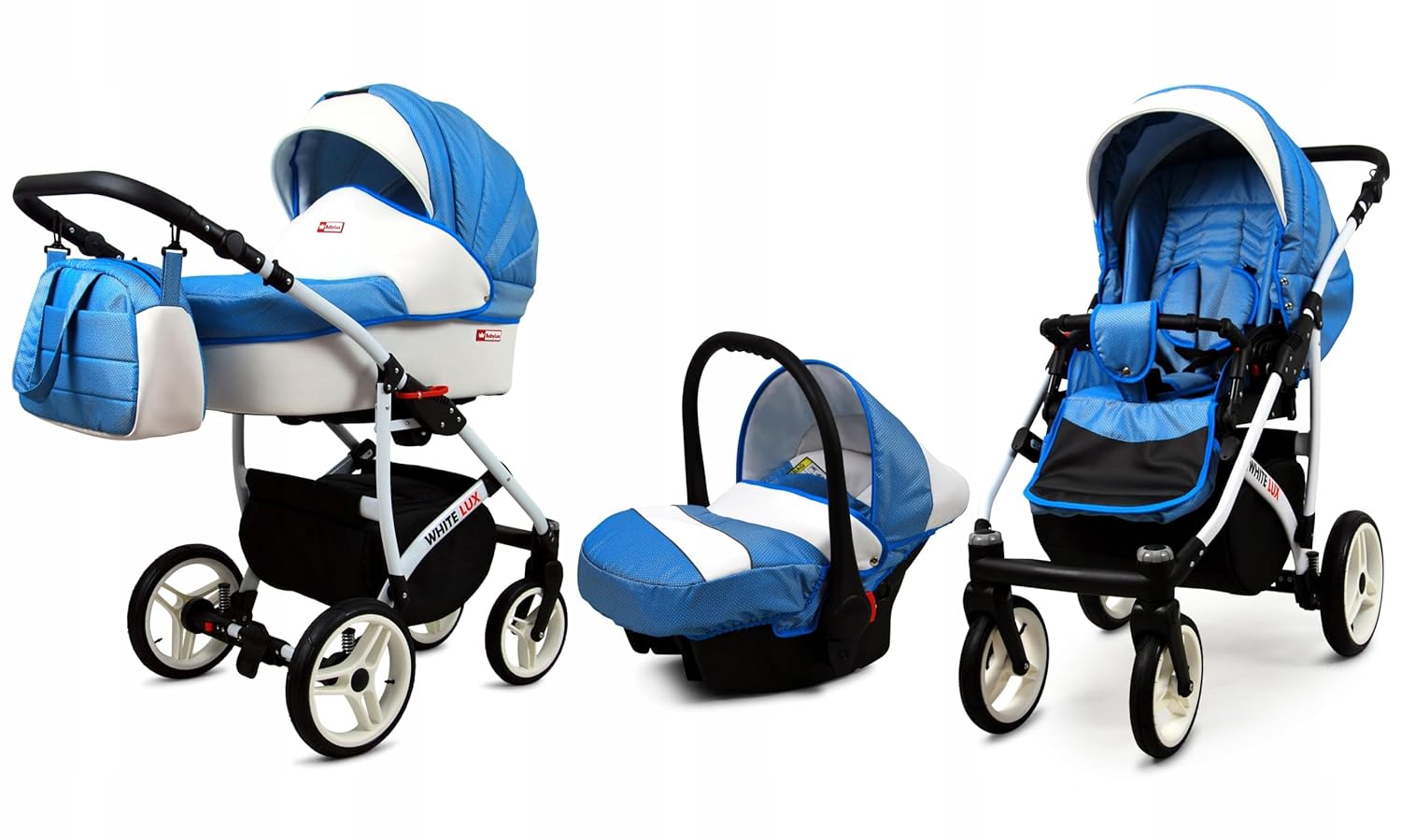 BabyLux® Bambimo Kinderwagen Set 3 in 1 - White Lux - incl. Babywanne, Buggy Sportsitz, Auto-Babyschale - Autositz - Kinderwagenset - Kombikinderwagen mit Wickeltasche, Regenschutz usw.
