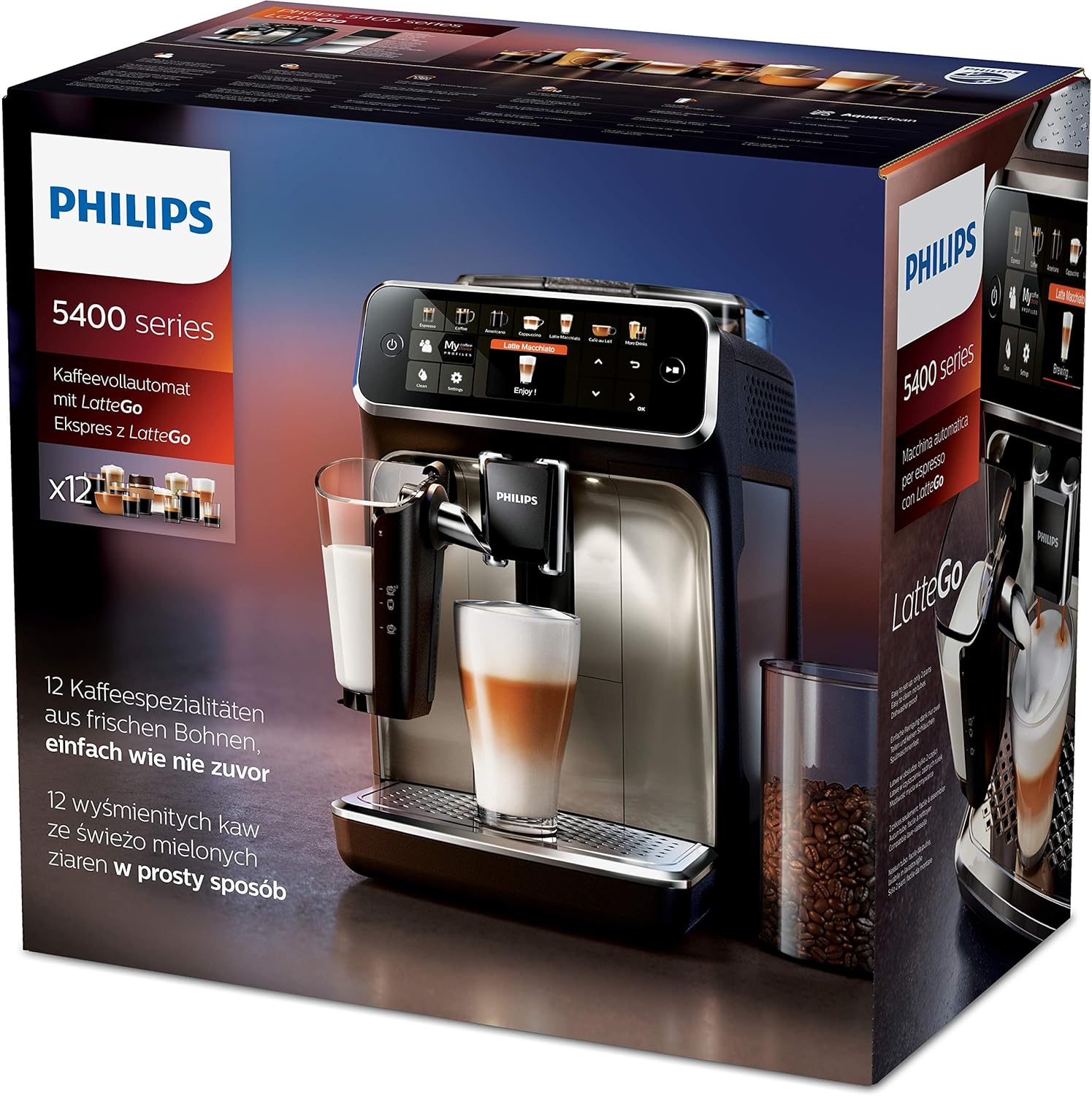 Philips Serie 5400 Kaffeevollautomat – LatteGo Milchsystem, 12 Kaffeespezialitten, Intuitives Display, 4 Benutzerprofile, Chrom (EP5447/90)