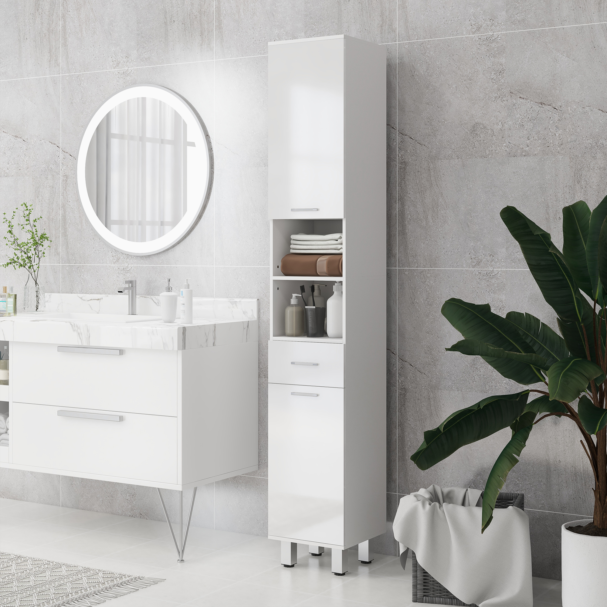 kleankin Badkamerkast, Badcommode, met Planken en Lade, Verstelbaar, Wit