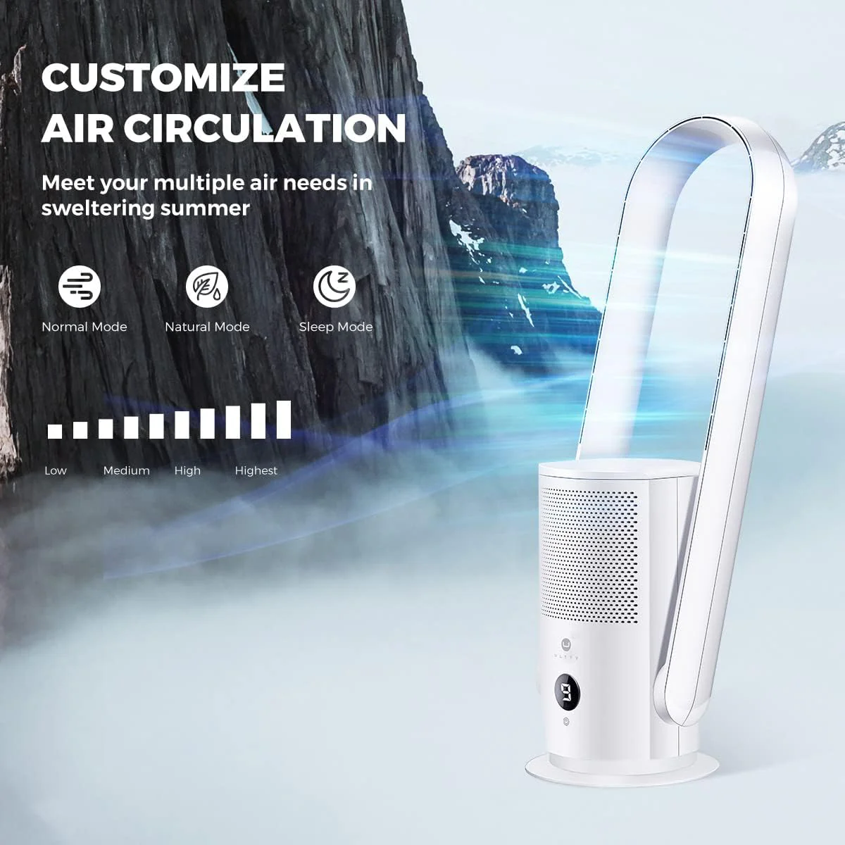 Rotorloser Ventilator mit Luftreiniger, Ultty Turmventilator Leise mit Fernbedienung, Touch, 8H Timer, HEPA-Filter 99,97%, 80cm 90° Oszillation Bladeless Fan für Schlafzimmer Heim, CR022 Weiß