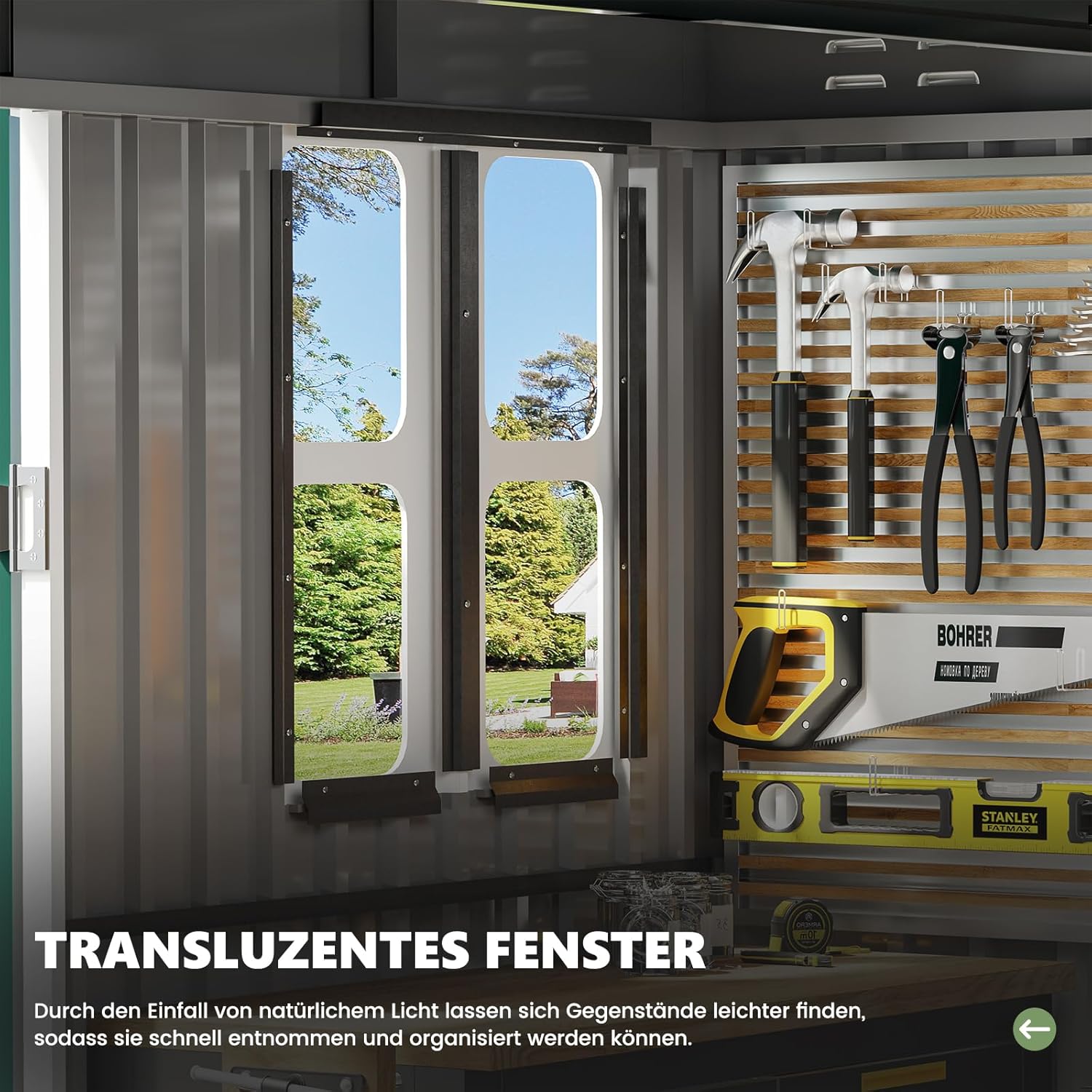 UDPATIO Gartenhaus Metall 260 x 176 x 190 cm mit Fenster, abschließbarer Tür und Belüftung, Fahrradgarage mit Pultdach, Geräteschuppen für Werkzeuge, Ausrüstung, Wasserdicht, Verzinkter Stahl, Grün