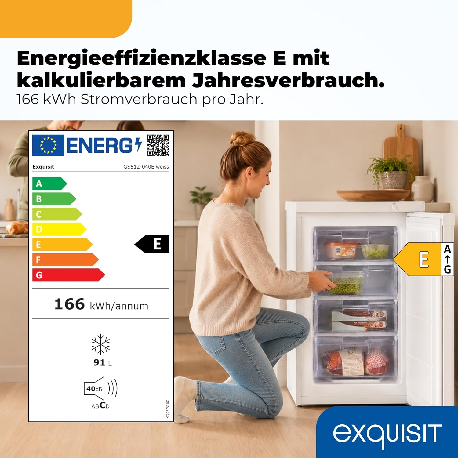 Exquisit Gefrierschrank | 91 l Nutzinhalt, Energieeffizienzklasse E, 40 dB(A) | kompakte Bauform, 4-Sterne-Gefrieren, manuelle Temperaturregelung, wechselbarer Türanschlag | GS512-040E weiss