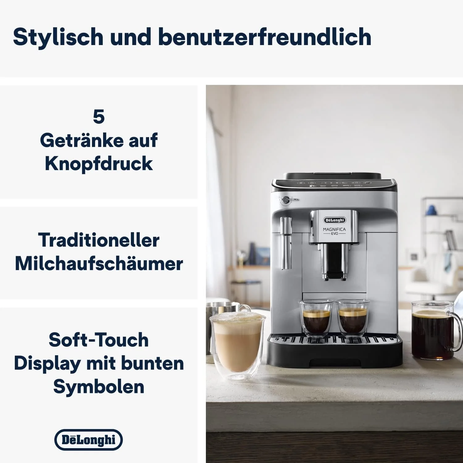 De'Longhi Magnifica Evo ECAM 292.33.SB volautomatische espressomachine met melkopschuimmondstuk, 5 directe keuzeknoppen voor espresso, koffie en koffiespecialiteiten, intu?tief bedieningspaneel, 2-kopsfunctie, zilver/zwart