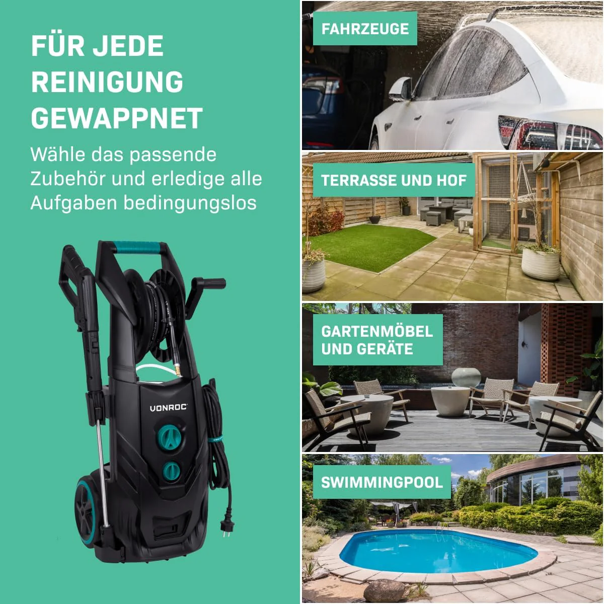 VONROC Professionele hogedrukreiniger 195bar - Gevelreiniger voor zware reinigingswerkzaamheden [2500W] - Hoge wateropbrengst [468 l/u] Reinigingstank, Aluminium Pomp - incl. Terrasreiniger