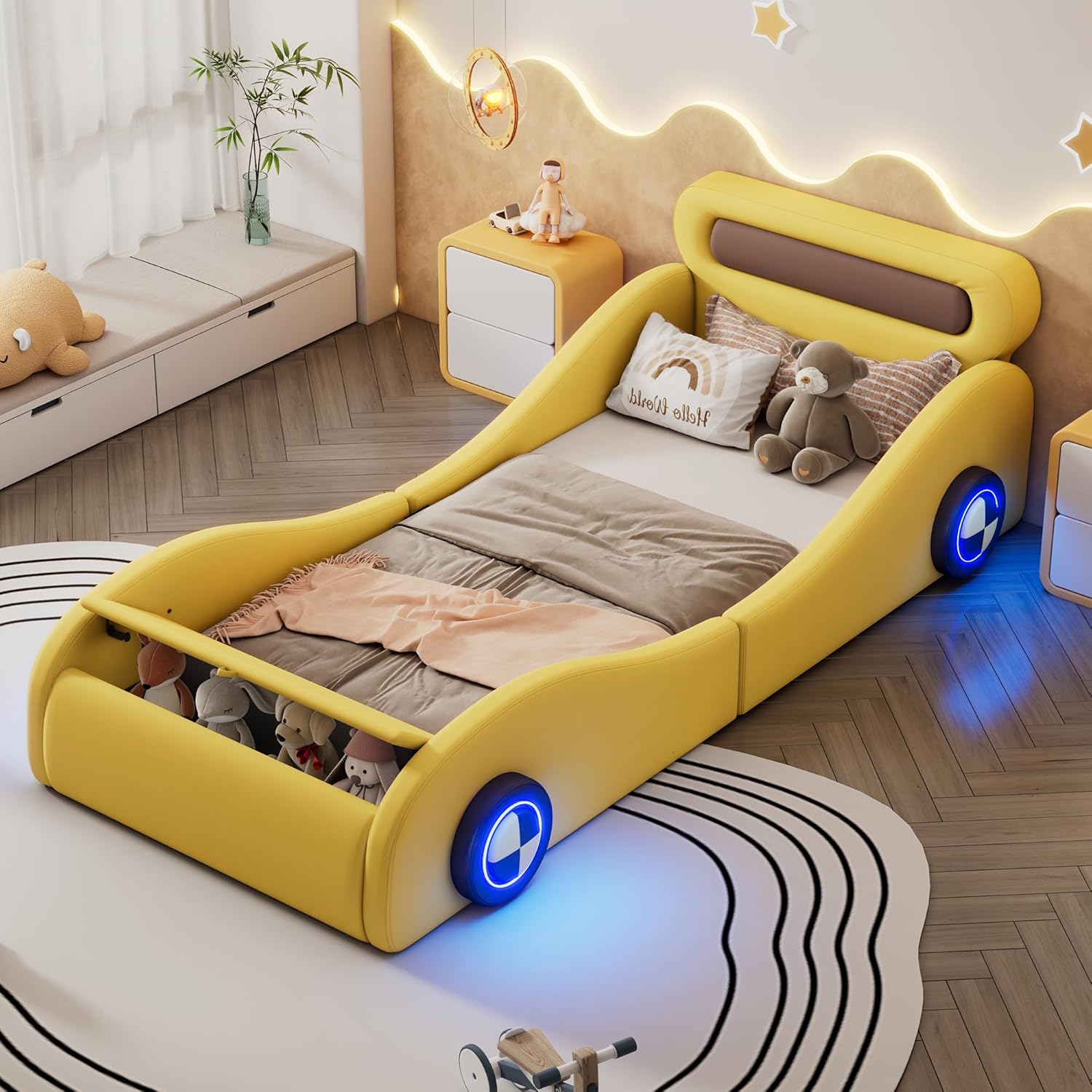 Autobett Kinderbett Jugendbett 90x200, Polsterbett Einzelbett mit leuchtenden Rädern&Stauraum, Aufregendes Auto Kinderbett für kleine Rennfahrer, Kinder Spielbett mit Lattenrost, PU,Ohne Matratze,Gelb