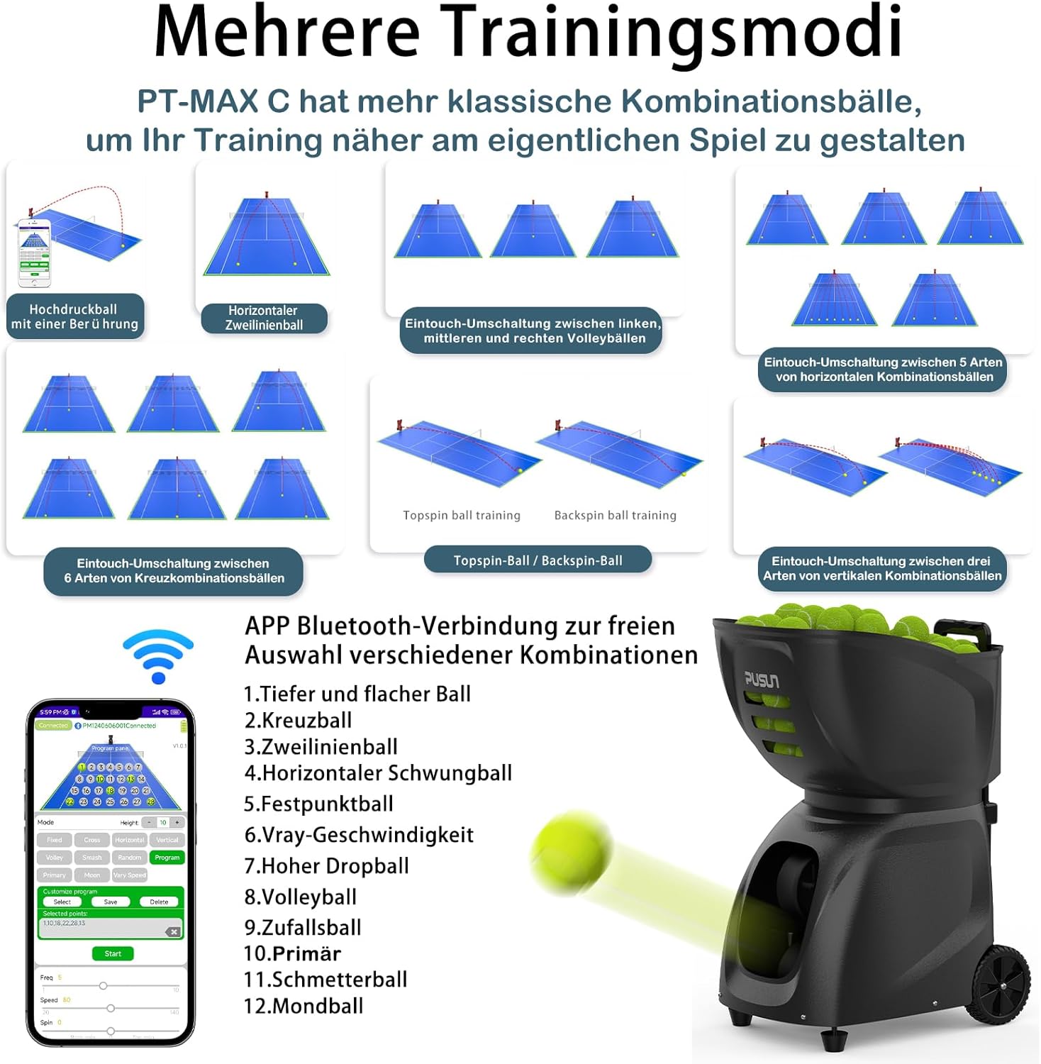 PT-MAX C Tennisballmaschine - Profi Ballwerfer mit APP-Steuerung (App für Watch), 28 Landepunkte & 26 Modi, Smart Trainer für alle Spielniveaus mit variablem System (5-7 Std.)
