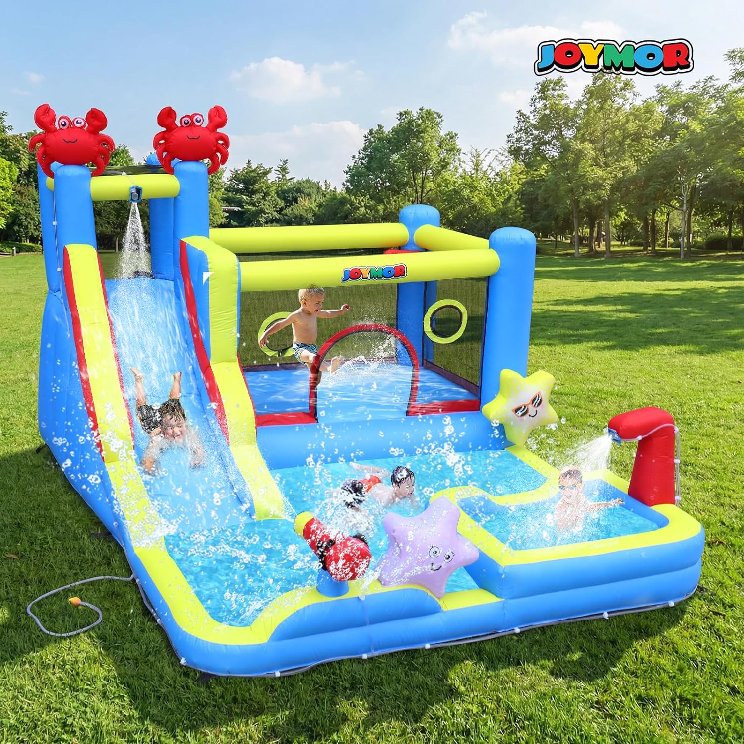 Bonnlo hüpfburg Indoor/Outdoor, hüpfburg mit Gebläse und Troken-/Wasserrutsche, Spielhaus Outdoor für Kinder ab 3 Jahre (Blau-XXL)