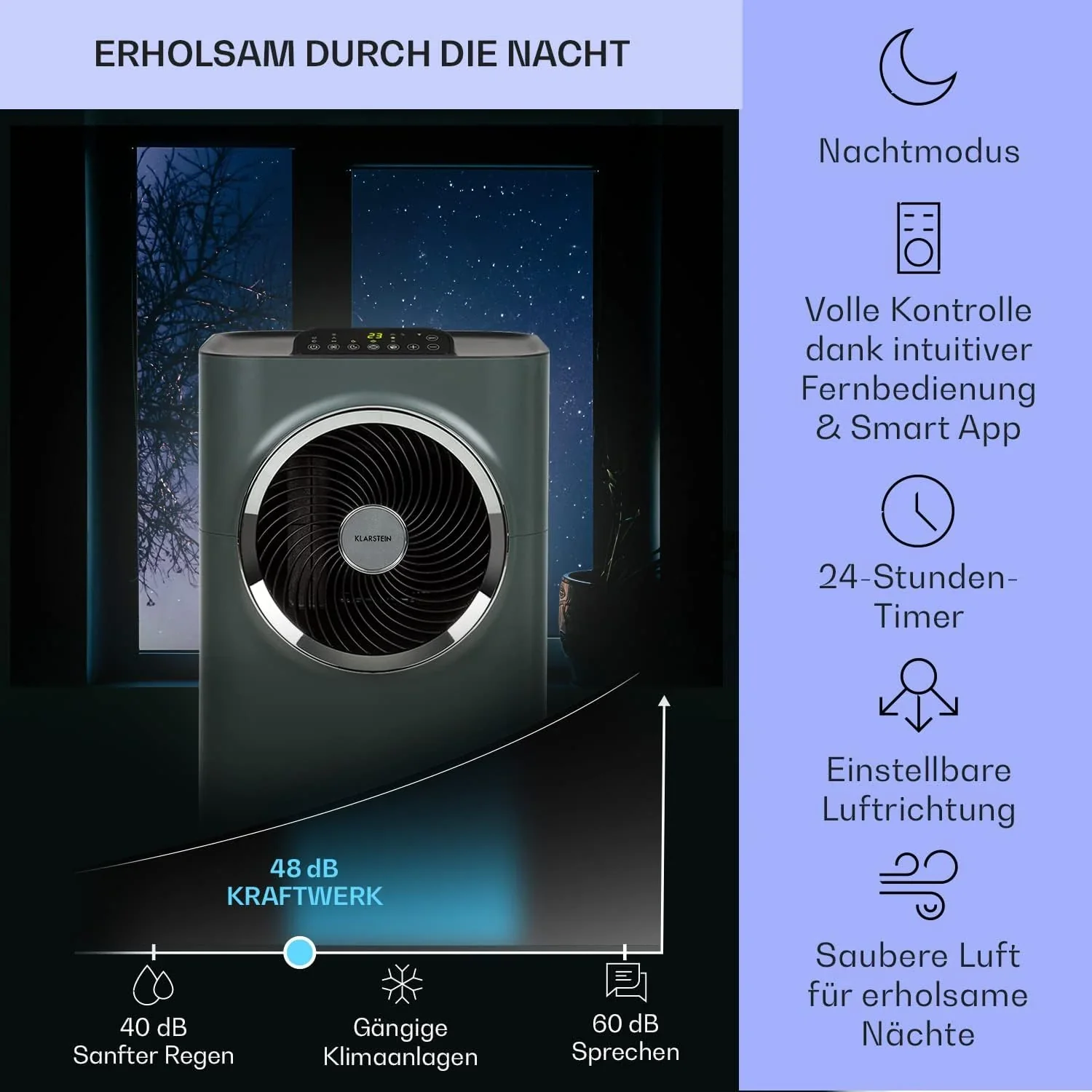 Klarstein Mobile Klimaanlage mit Abluftschlauch, 5-in-1 Klimager?t, Ventilator, Luftentfeuchter, Luftreiniger & Nachtmodus, App-Steuerung, Kleine & Portable, f��r Wohnung & B��ro, 12000 BTU