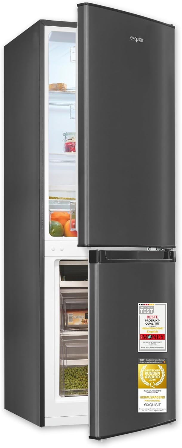 Exquisit Kühl-Gefrierkombination KGC5232, 173 l Nutzinhalt, Energieklasse C, 40 dB, Inoxlook, 4-Sterne-Gefrierfach 52 l, 142,5 x 49,5 x 56,0 cm