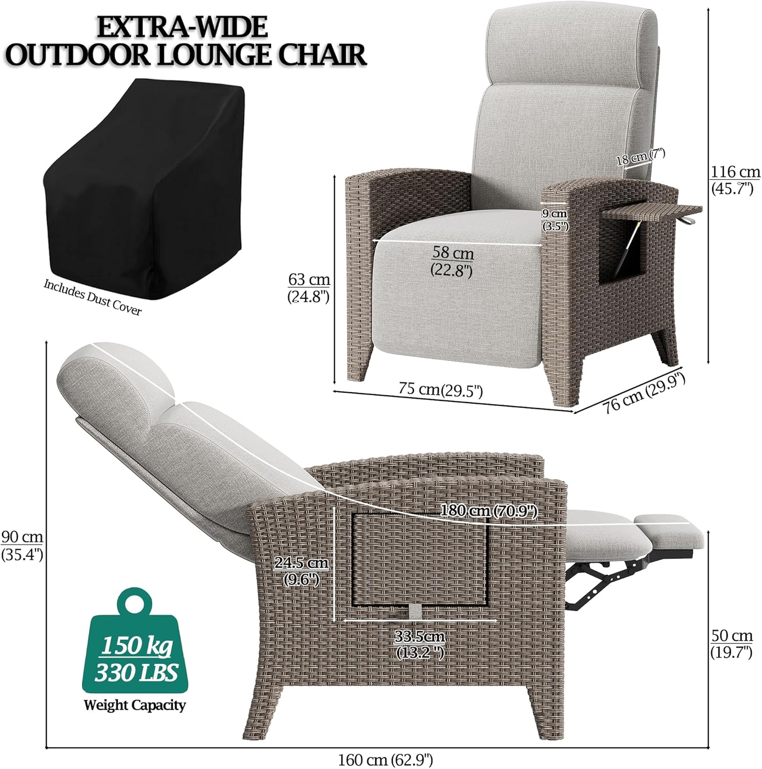 Großer Gartensessel mit Liegefunktion,Relaxliege Liegesessel mit Verstellbarer Rückenlehne,Verstecktem Fußhocker,Sonnenliege Rattan Für Balkon,Innen-Beige Sitzkissen und Braun Rattan