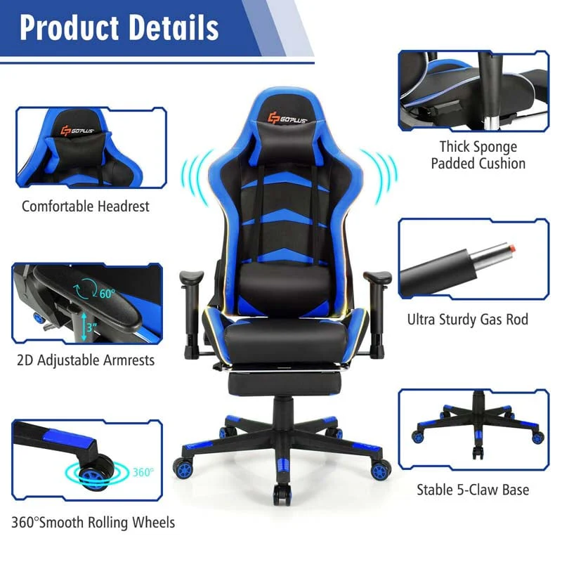 Led Massage Gaming Chair Height Adjustable Racing Computer Office Chair With Footrest Ergonomic High Back Pu Swivel Game Chair - Comfortable And Ergonomic Design