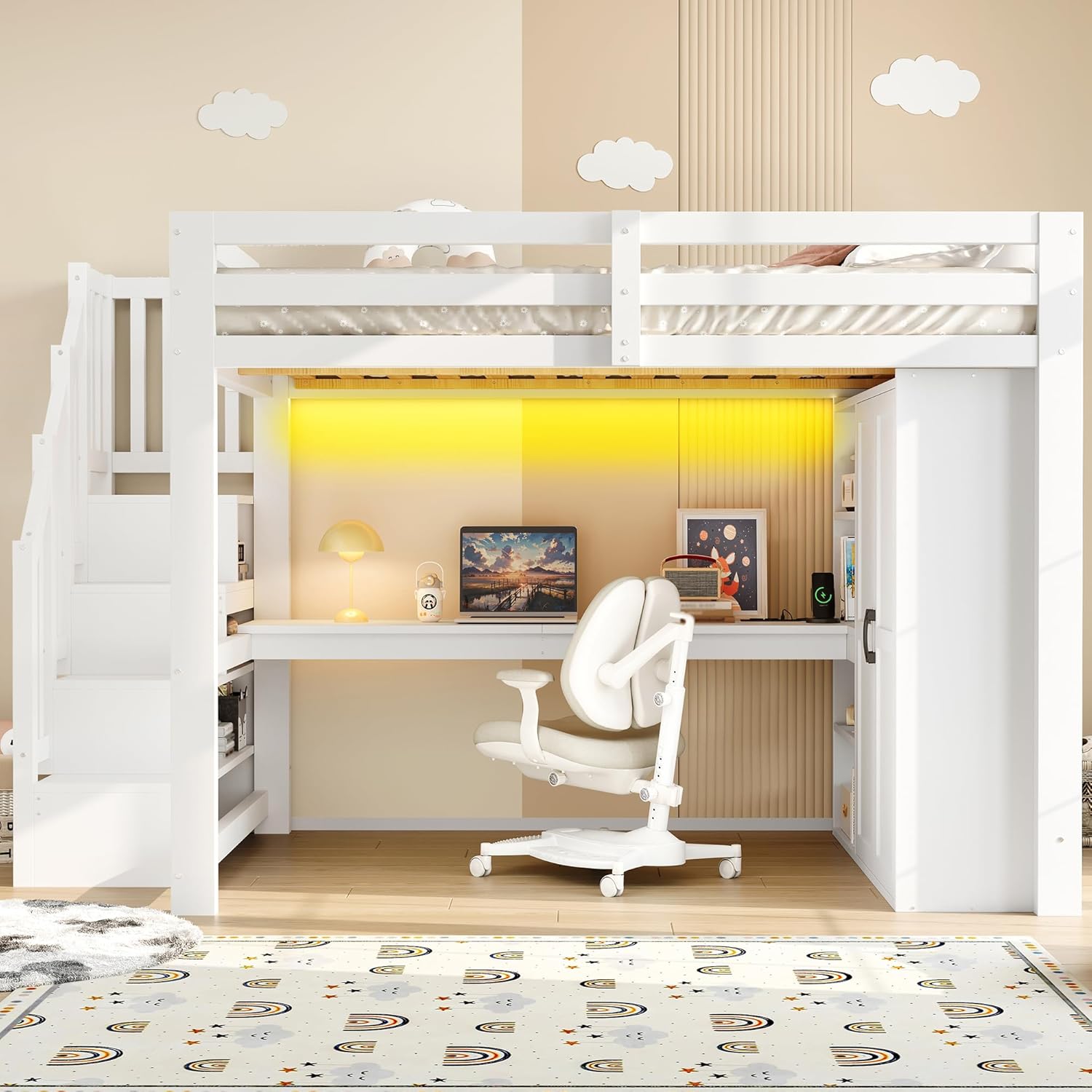 140x200 Hochbett mit Schreibtisch und Regal, Kleiderschrank, Stauraumtreppe, USB und LED-Leuchten, Weiß