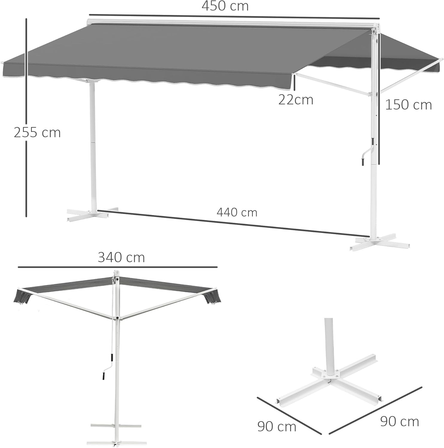 Outsunny Standmarkise Markise 4,5 x 3,4m Terrassenüberdachung Gartenmarkise mit Faltarm Kurbel Terrasse Grau Alu Metall