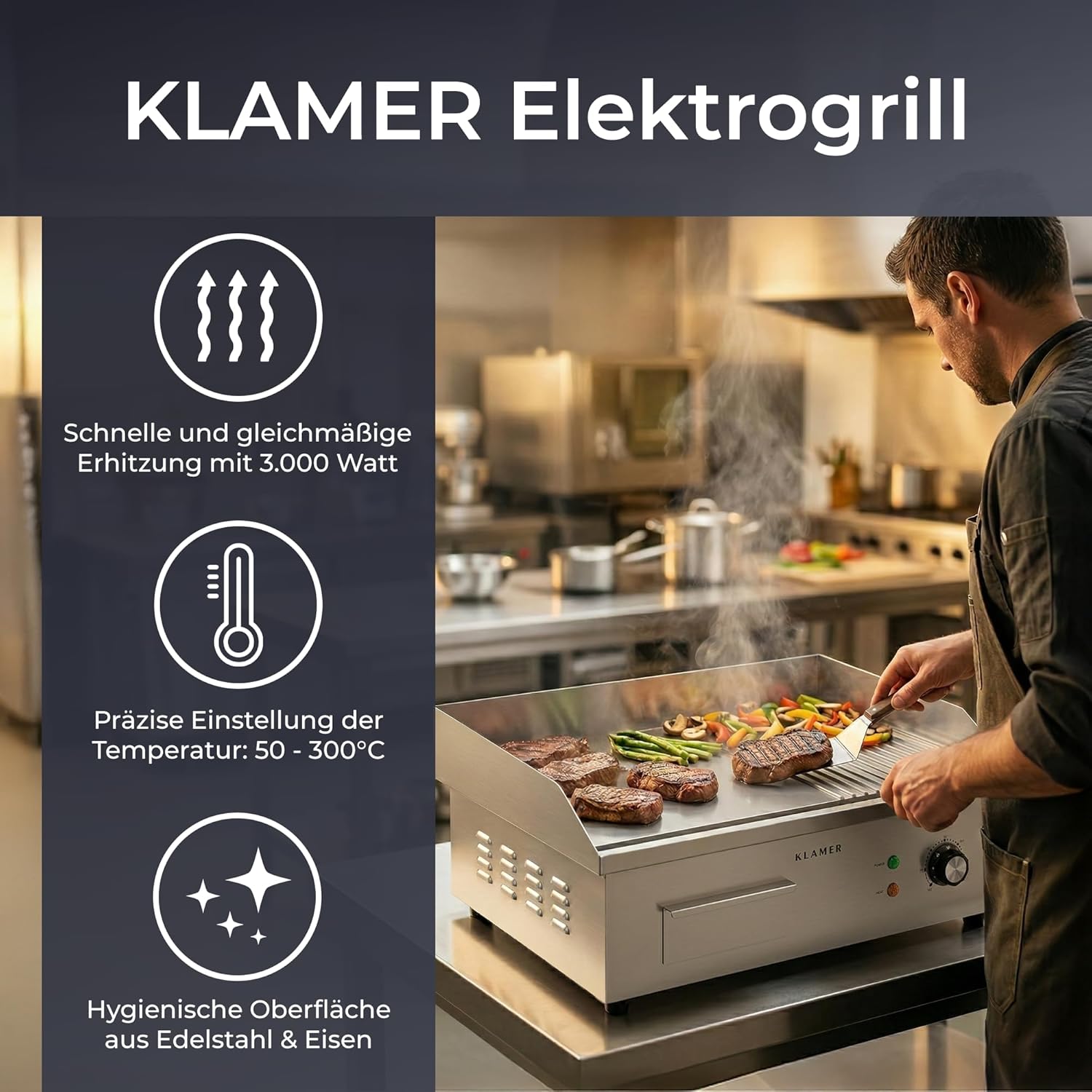 KLAMER Elektrogrill Edelstahl 3000W, XL Grillplatte 54,5x38,5 cm, Tischgrill Elektrisch 50–300°C, Eisengrillplatte, Spritzschutz, Auffangbehälter, Balkon & Gastronomie