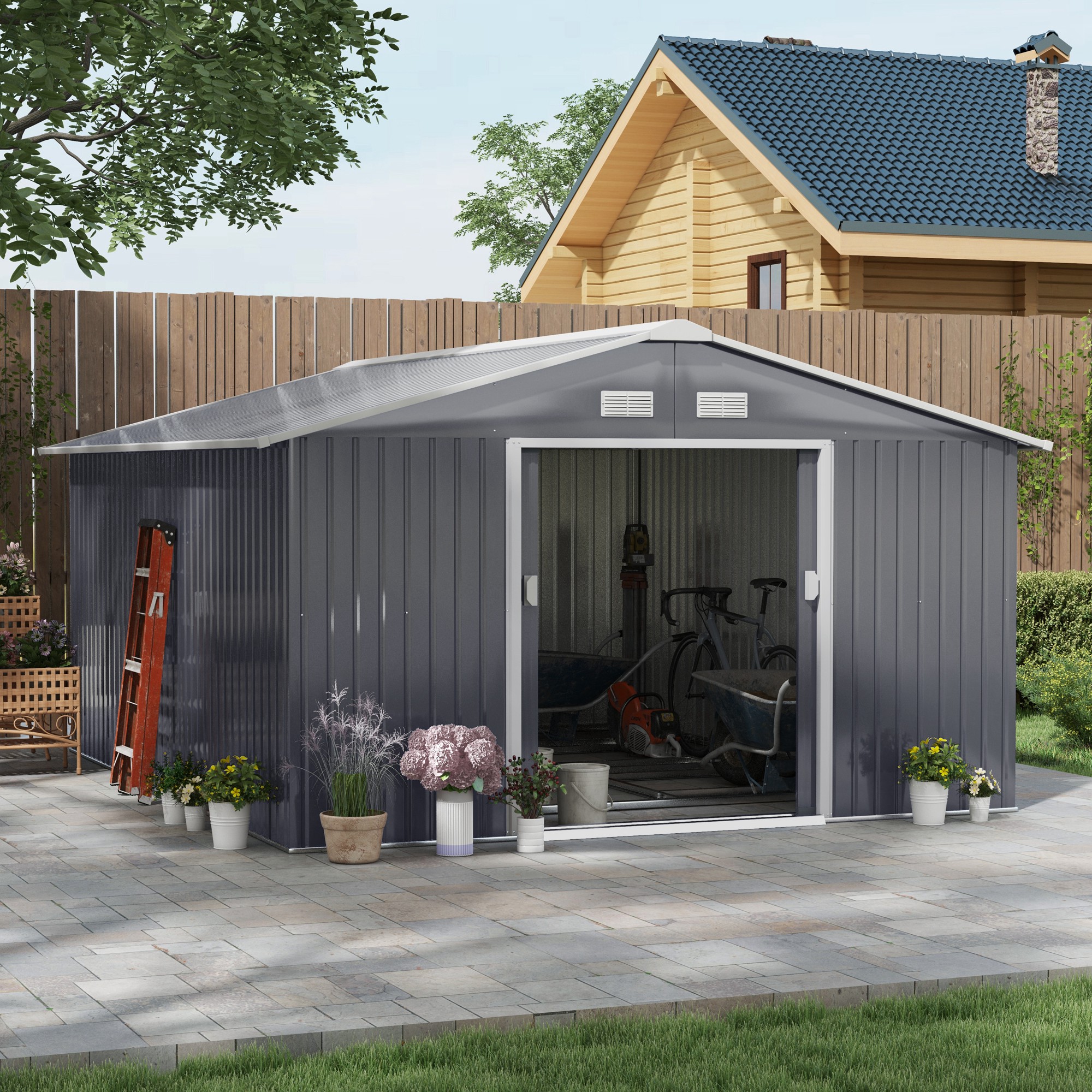 Outsunny Gereedschapsschuur met fundering 24,5 m3 gereedschapsschuur tuinhuisje stalen schuifdeur