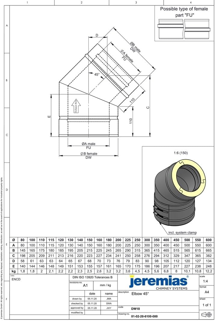 Jeremias DW-FU Doppelwand Edelstahl Abgassystem Winkel 45 Grad Innendurchmesser 400 mm für Öl Gas Festbrennstofffeuerstätten CE-zertifiziert