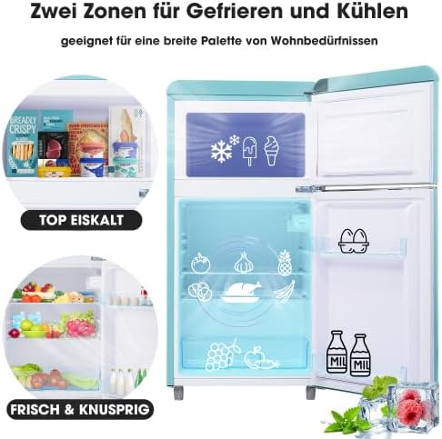 Merax Retro Kühlschrank mit Gefrierfach – 72L Mini Kühlschrank, 21L Gefrierfach, 120 kWh/Jahr, Energieklasse E, LED-Licht, Cyan – Ideal für kleine Haushalte