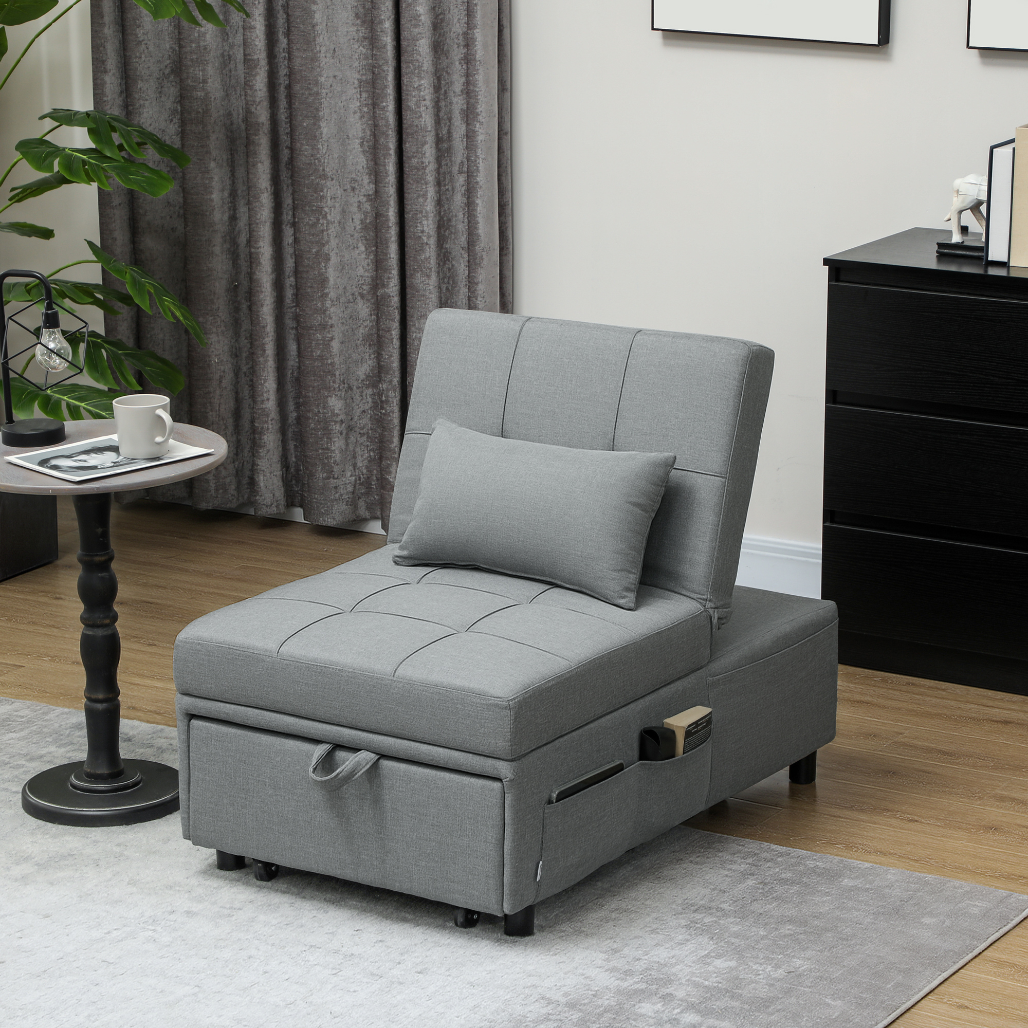 3-in-1 Opklapbare Fauteuil met Zijvak, Gastenbed met Kussen, Verstelbare Rugleuning, Slaapstoel met Wielen, Lichtgrijs