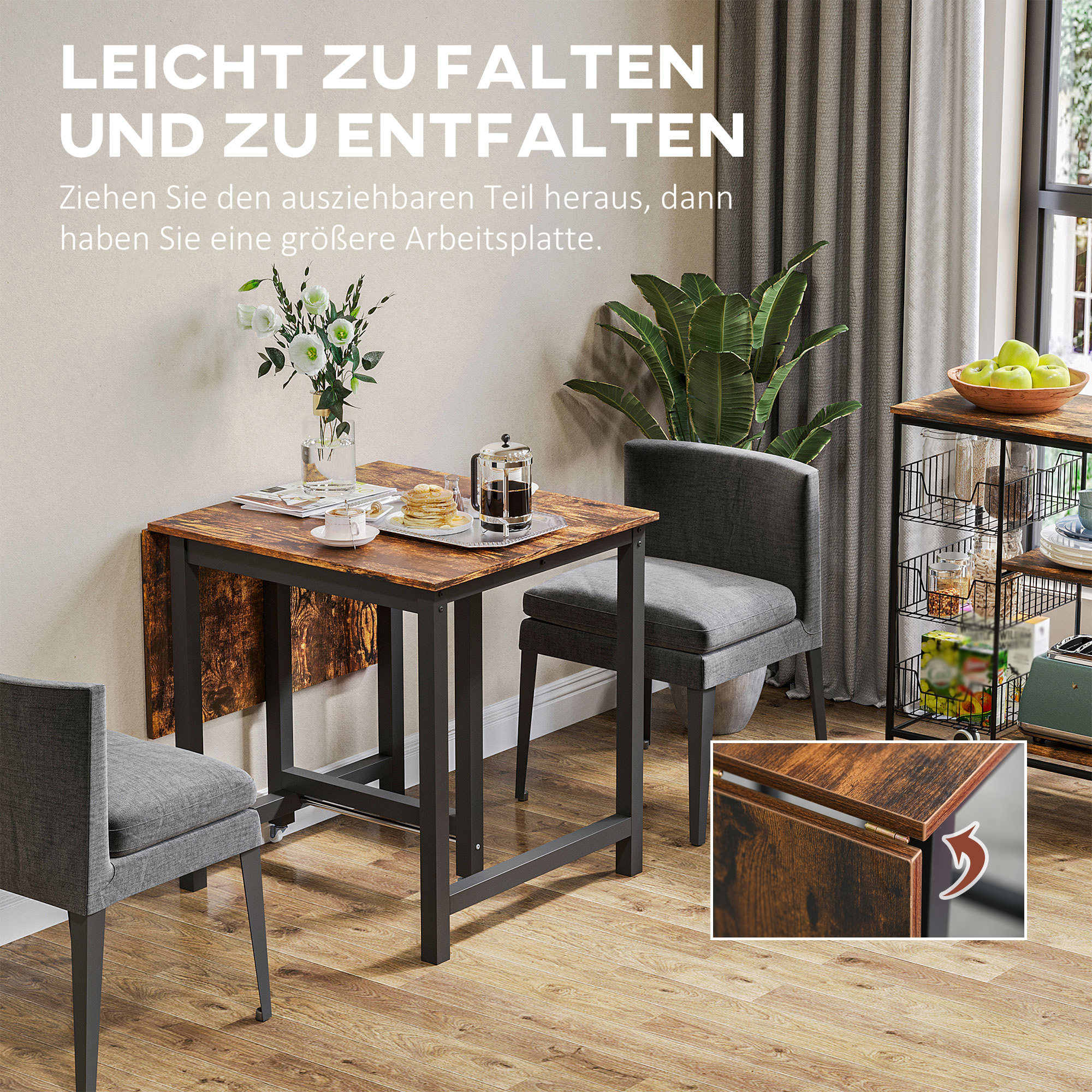 Opklapbare Eettafel, Industri?le Tafel, Opklapbaar, van Metaal en Hout, Ruimtebesparend, Bruin