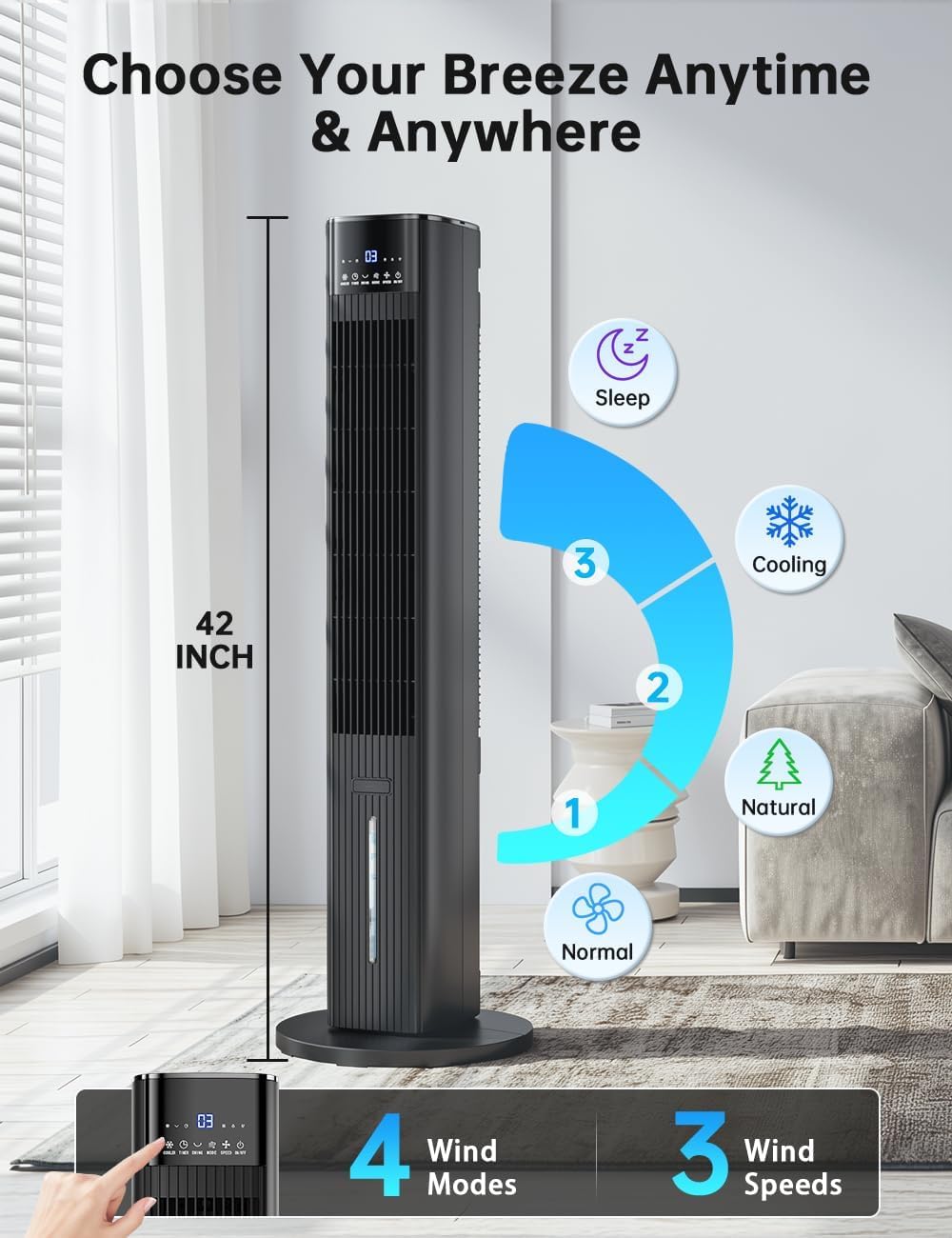 42 INCH Swamp Cooler Air Conditioner w/ 4 Modes & 3 Speeds, Aroma&Memory Function Evaporative Air Cooler, 4.2L Dual Tank, 15H Timer, 6 Ice Packs Portable Windowless Air Conditioner for Bedroom