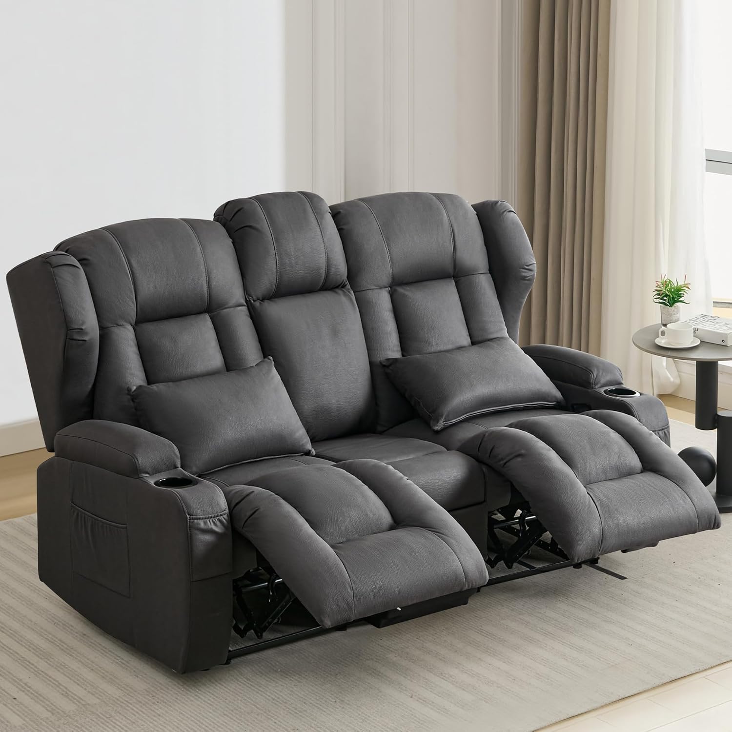 2er Relaxsessel mit Liegefunktion Fußteil, Zweisitzer Fernsehsessel 2 Sitzer TV Sessel mit Konsole, Manuell Verstellbar Doppel Kinosessel bis 360 kg (Klappbare Mittelkonsole, Leathaire Grau)