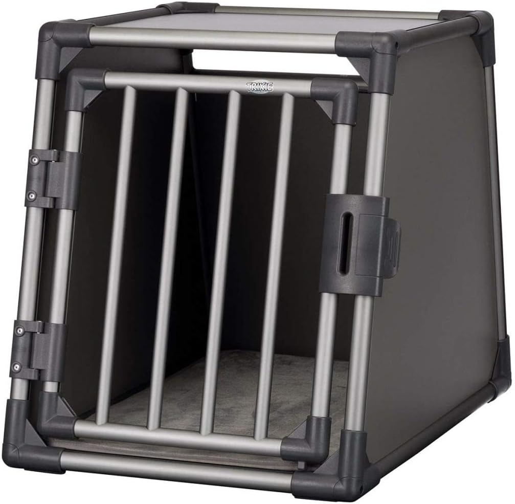 TRIXIE Hunde-Transportbox, Aluminium, L: 92 x 64 x 78 cm, grafit, rutschfste Liegematte, Klettleiste am Boden, Sicherheitsverschluss, stabil und geruscharm, hochgeschlossene Wnde - 39338