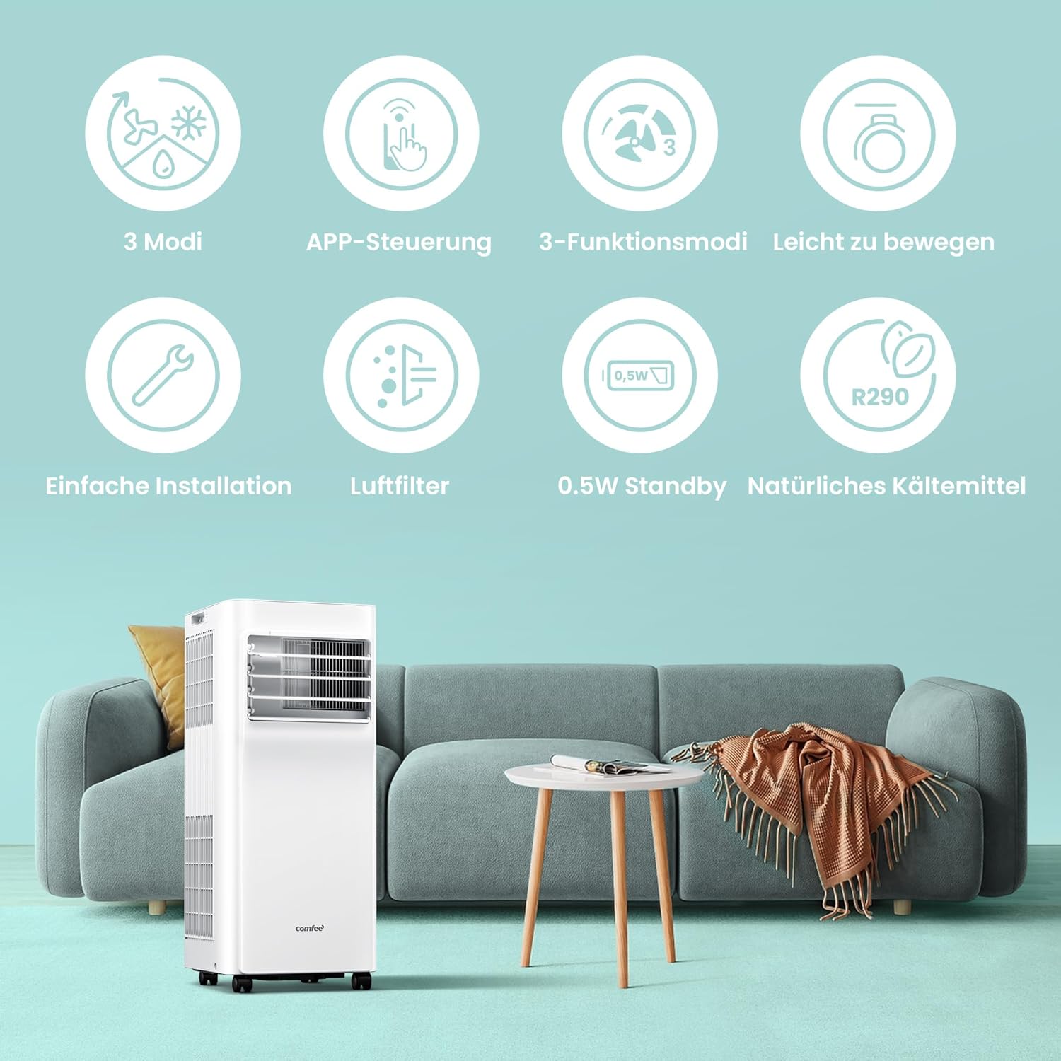 Mobiles Klimagerät Breezy Cool Pro 2.0,7000 BTU 2,0kW, Kühlen&Ventilieren&Entfeuchten,APP-Steuerung,Raumgröße bis 68m³(25㎡)，Mobile Klimaanlage mit Abluftschlauch,