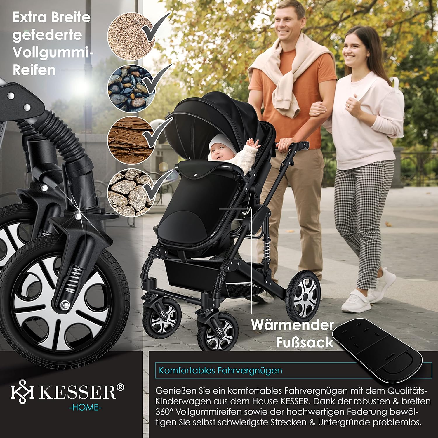 KESSER® Loops 3 in 1 Kinderwagen Kombikinderwagen Komplett-Set inkl. Babywanne & Buggy Sportsitz & Auto-Babyschale Voll-Gummireifen Wickeltasche Regenschutz Kindertisch ECE R129, Schwarz/Champagne