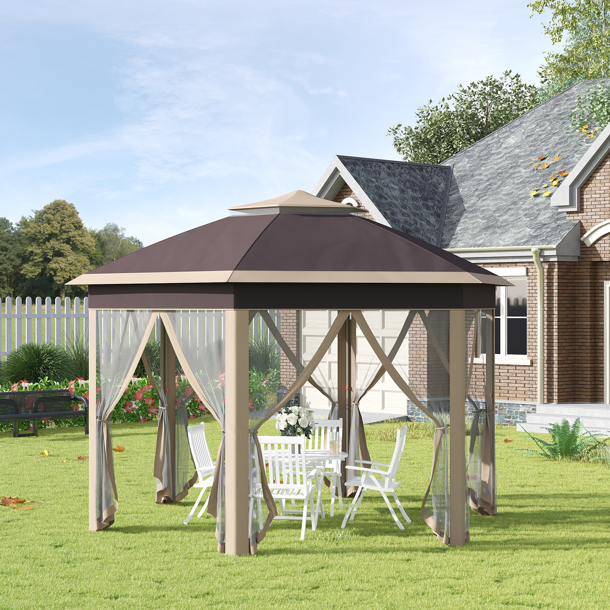 Outsunny tuinpaviljoen opvouwbaar tuinhuisje 4 x 4 m pop-up tent partytent incl. draagtas 6 zijpanelen dubbel dak zeshoekig beige + kaki