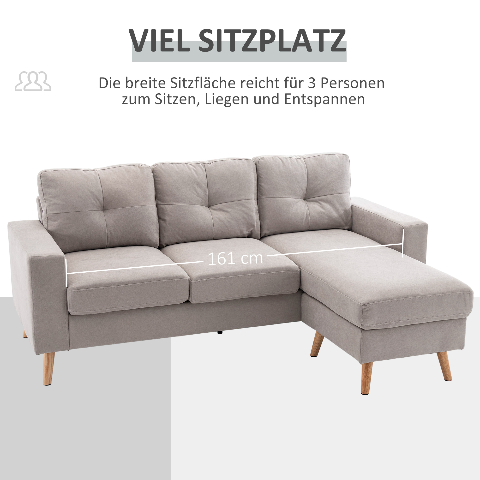 3-zits hoekbank, linnenlook, omkeerbare chaise longue, 193x136x85 cm, lichtgrijs