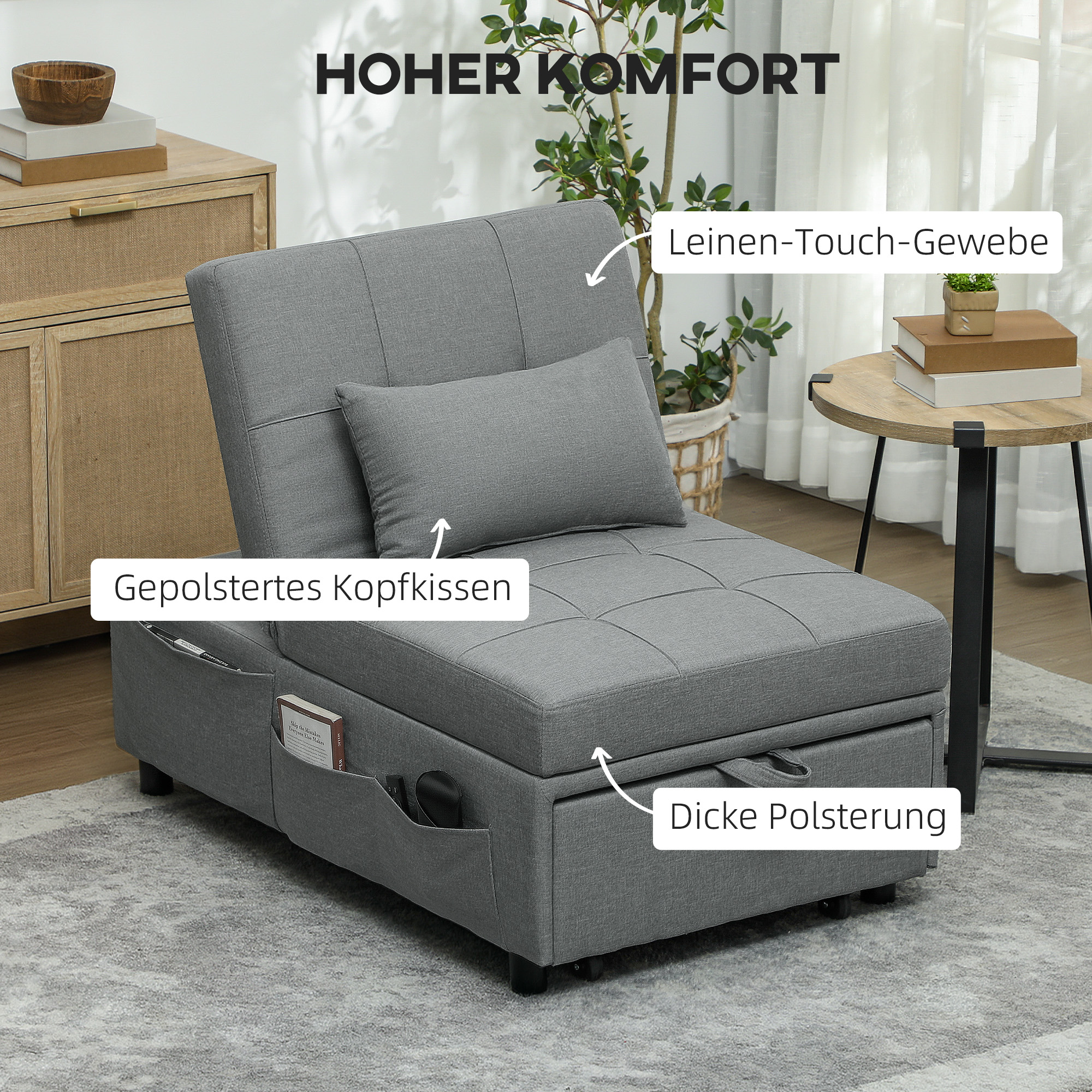 3-in-1 Opklapbare Fauteuil met Zijvak, Gastenbed met Kussen, Verstelbare Rugleuning, Slaapstoel met Wielen, Lichtgrijs