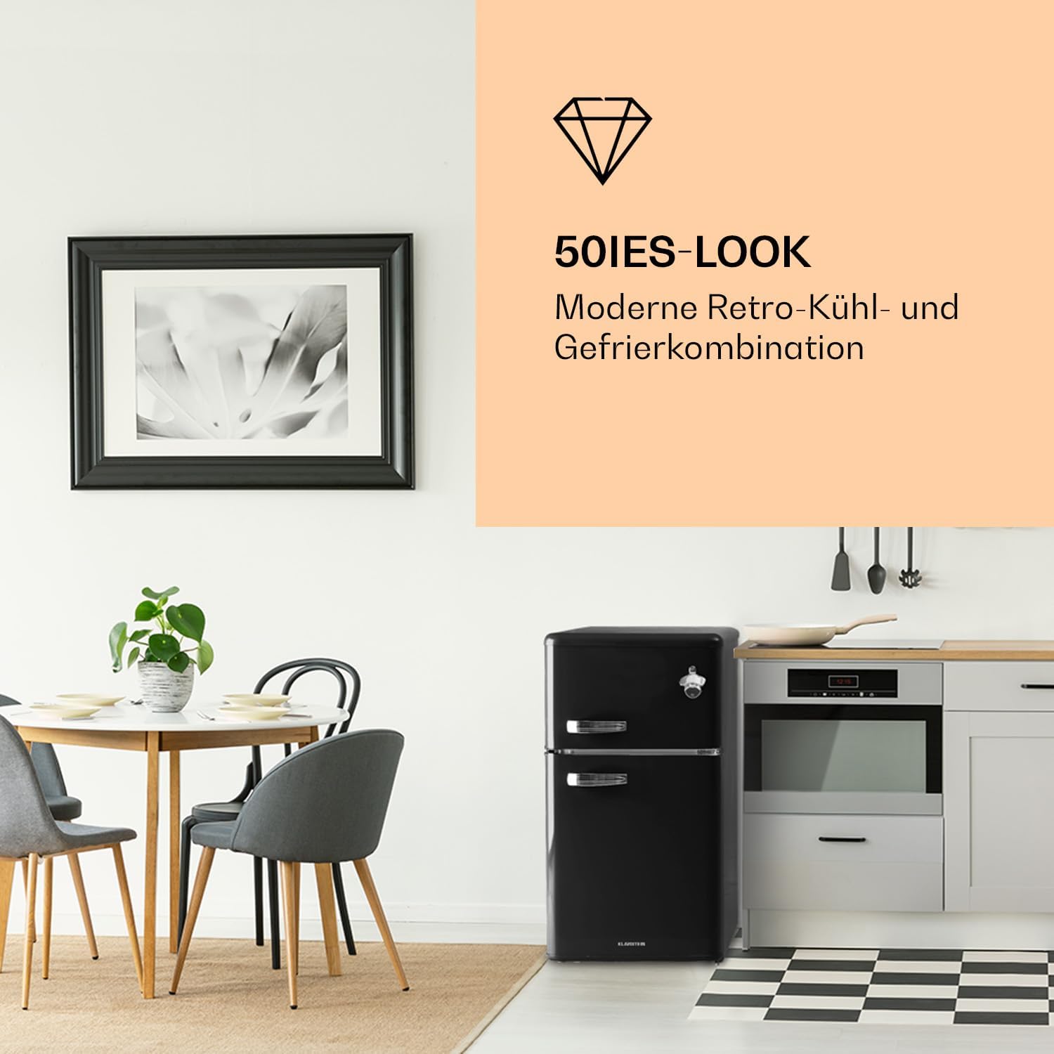Klarstein Irene - Kühl-/Gefrierkombination, Retro-Kühlschrank, 61-Liter-Kühlschrank, 25-Liter-Gefrierschrank, 40 dB leise, 2 Kühlstufen, 2 Türablagen, für kleine Familien und Singles, Schwarz
