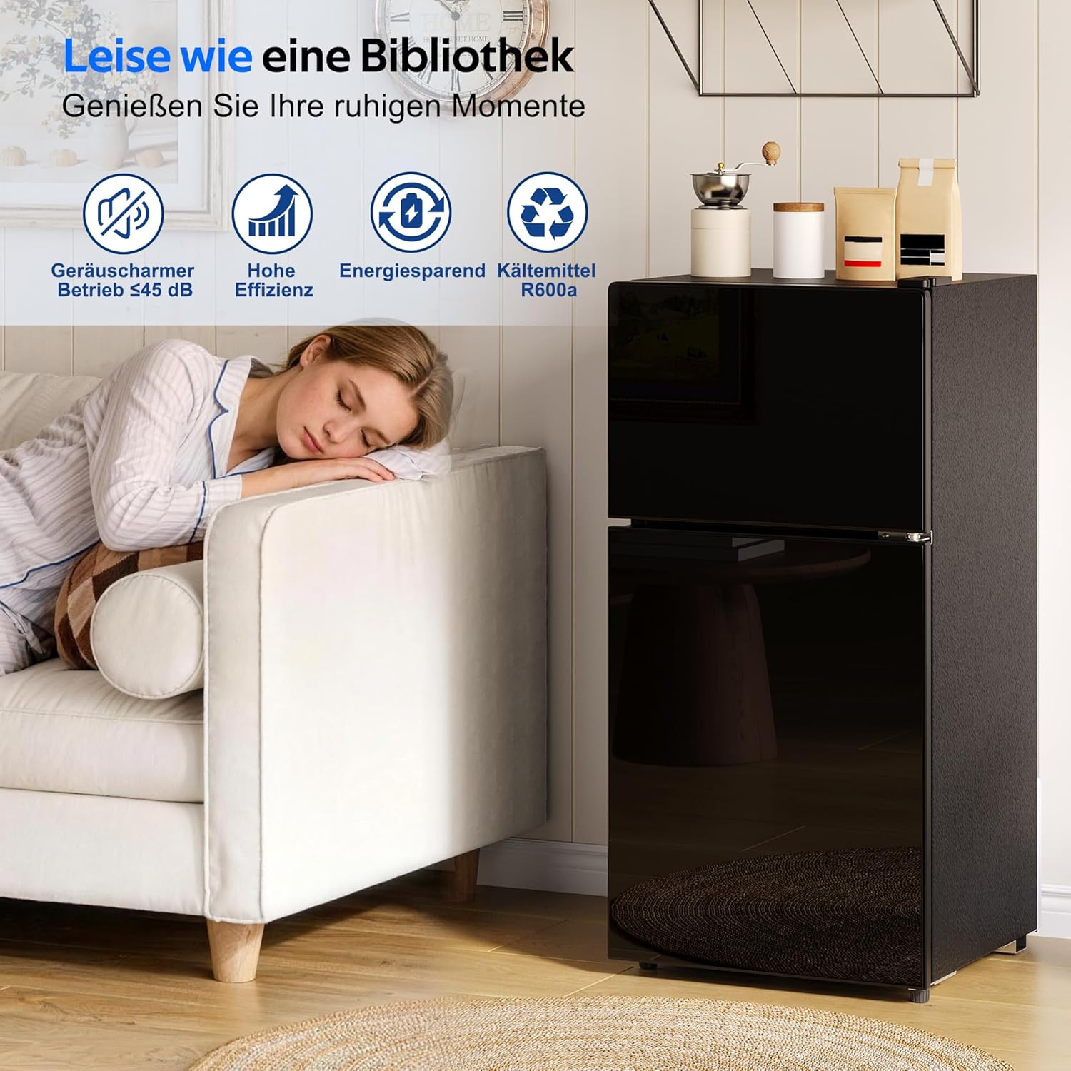 Merax Kühlschrank mit Gefrierfach, 60L Kleiner Kühlschrank, kompakt, Glastür, LED-Innenbeleuchtung, manuelle Temperaturregelung, Glasablagen, 45 dB(A), Mini Fridge für Studentenwohnheim Büro, Schwarz