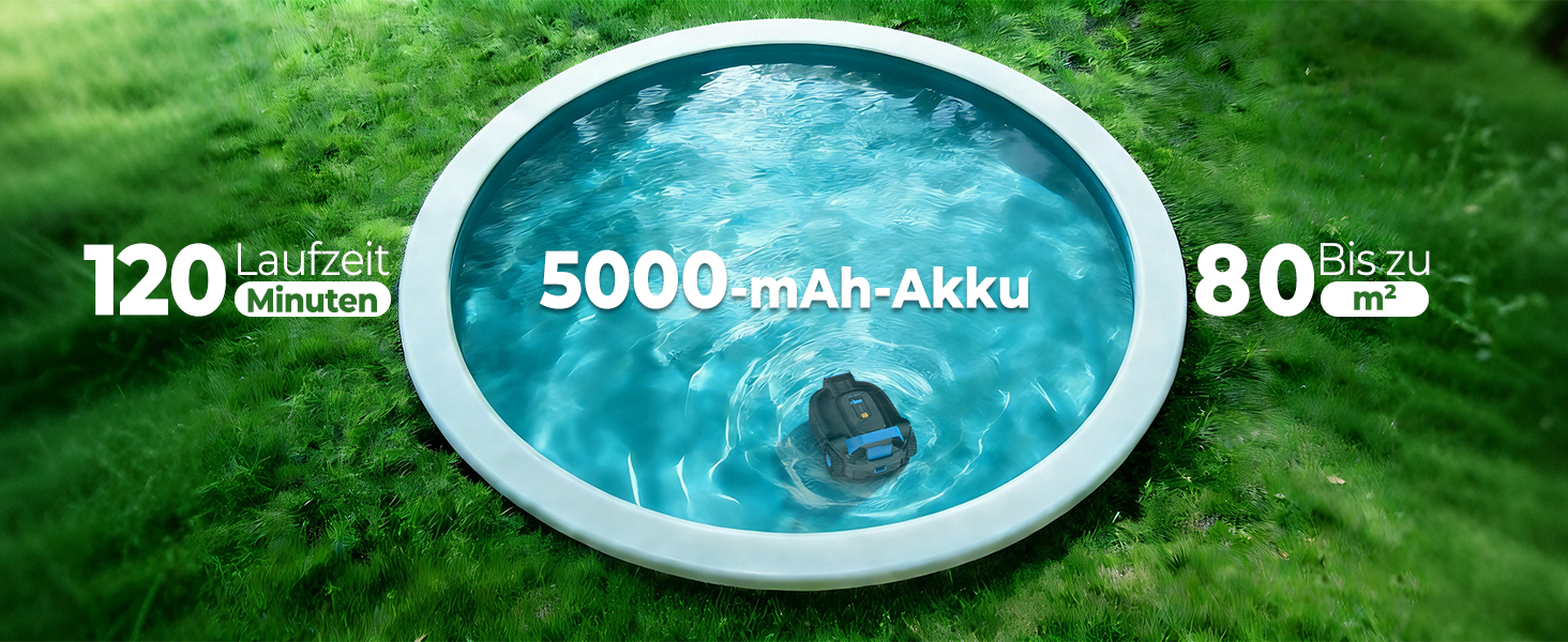 Der Text lautet „120 Minuten“, „5000-mAh-Akku“, „80 Minuten“. Der Poolreinigungsroboter arbeitet in hellblauem Wasser vor grünem Hintergrund.